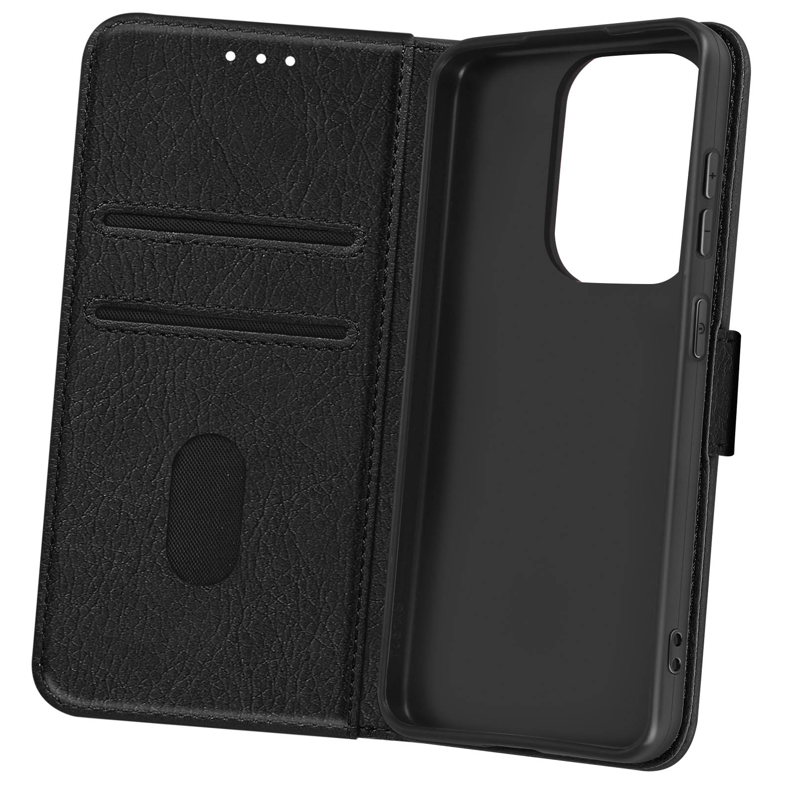 Custodia per telefono in pelle nera aperta. Telefono all'interno. Scomparti per carte. Interno nero.