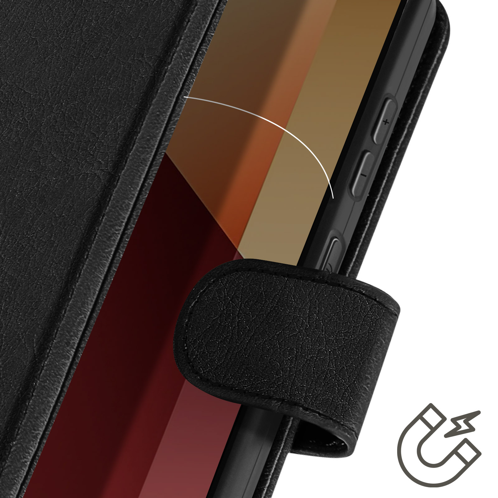 Una custodia per telefono nera con clip magnetica è aperta, rivelando lo schermo del telefono.