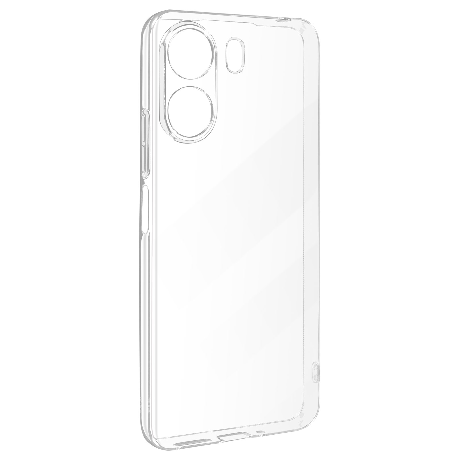 Custodia trasparente per telefono. Ha aperture per fotocamera e pulsanti.