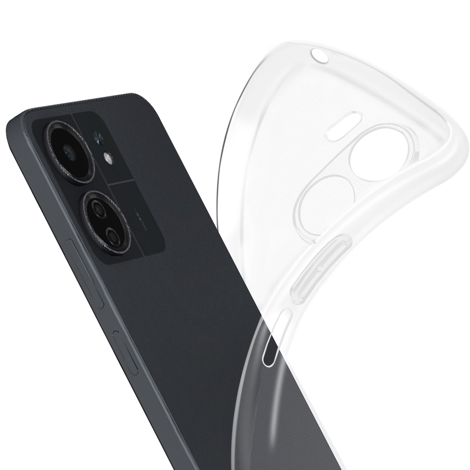 Un telefono nero con una custodia trasparente, che mostra le fotocamere del telefono. Vista angolata.