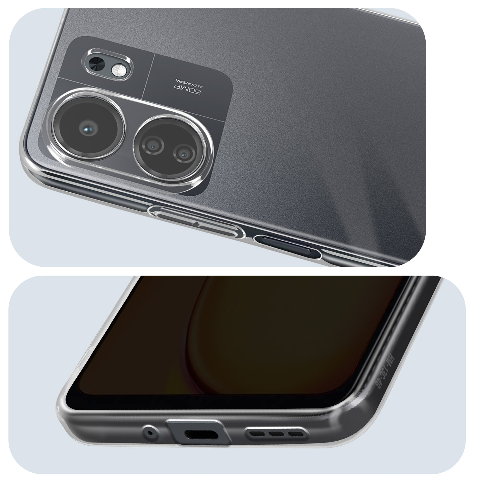 Custodia trasparente che mostra fotocamera e porte. Mostra la parte inferiore e posteriore.