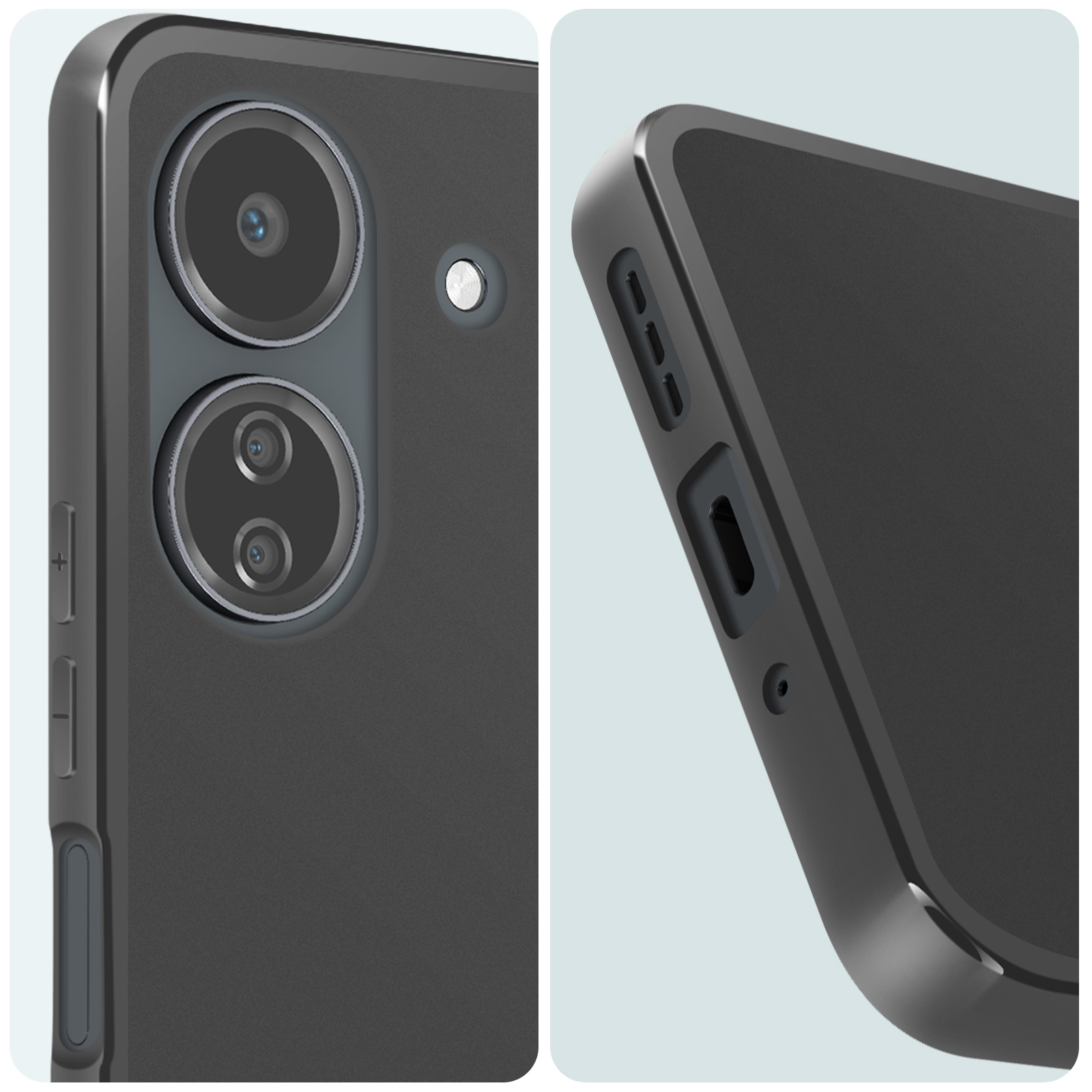 Custodia per telefono, nera. Dettagli fotocamera e pulsanti. Sfondo bianco.