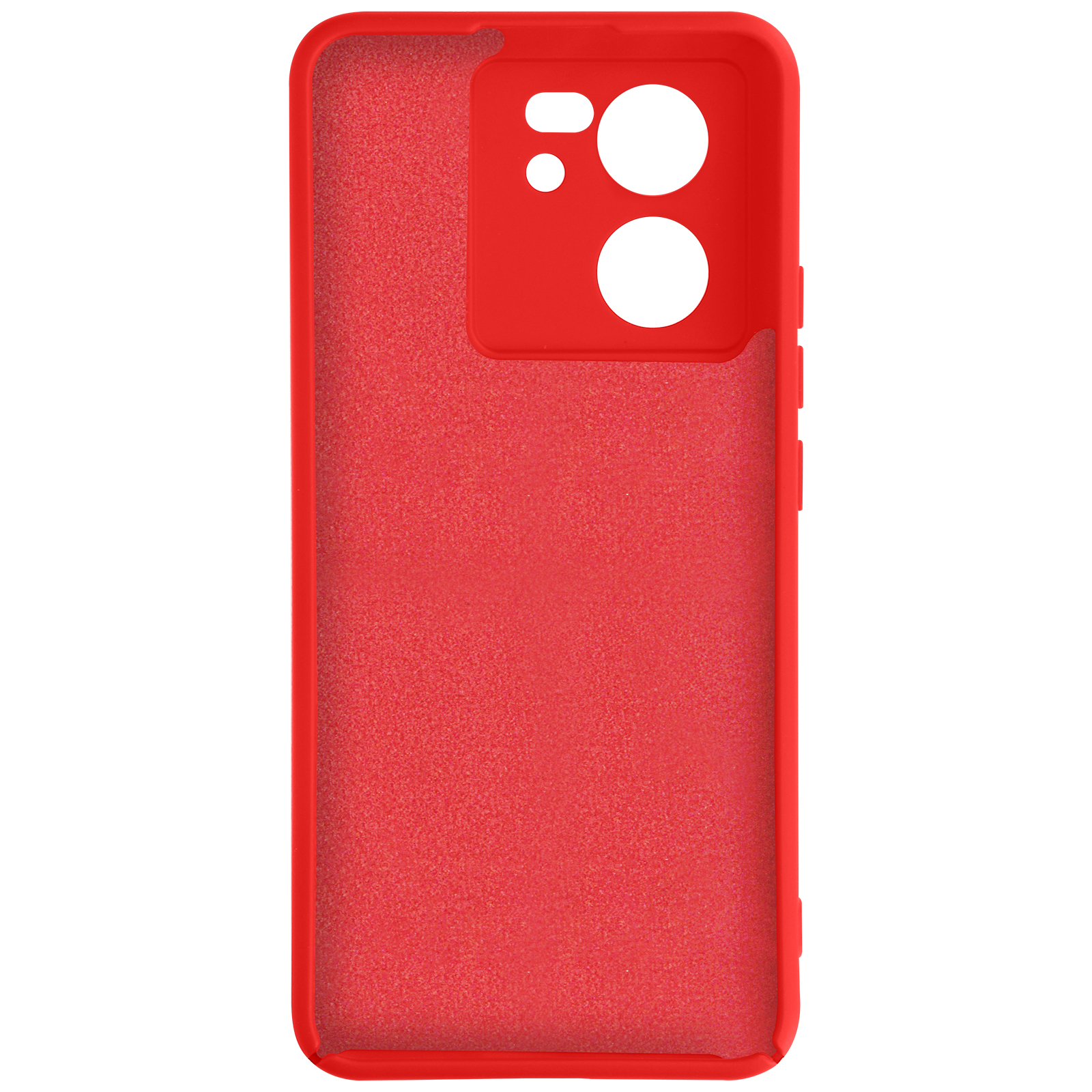 Rood telefoonhoesje interieur, met uitsparingen voor camera en andere functies.
