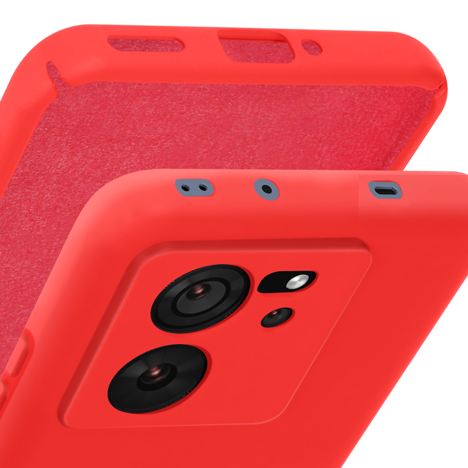 Rode telefoonhoes met camera-uitsparingen. Bovenste gedeelte zichtbaar. Achtergrond is wit.