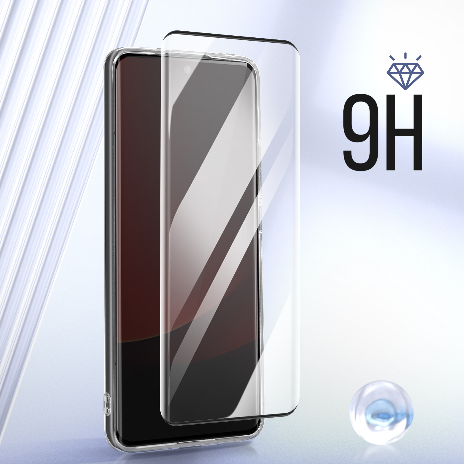 Smartphone con protezione schermo applicata. La protezione è trasparente, con classificazione 9H.