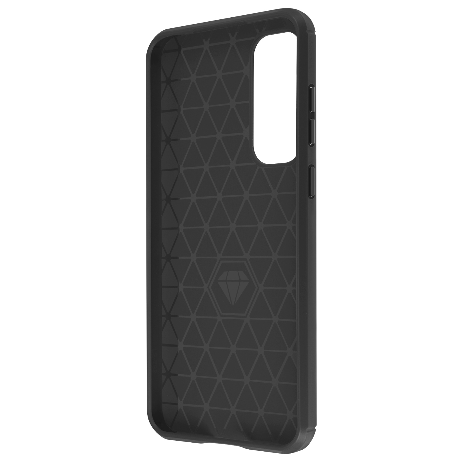 Innenseite einer schwarzen Handyhülle mit geometrischem Muster und Diamantlogo.