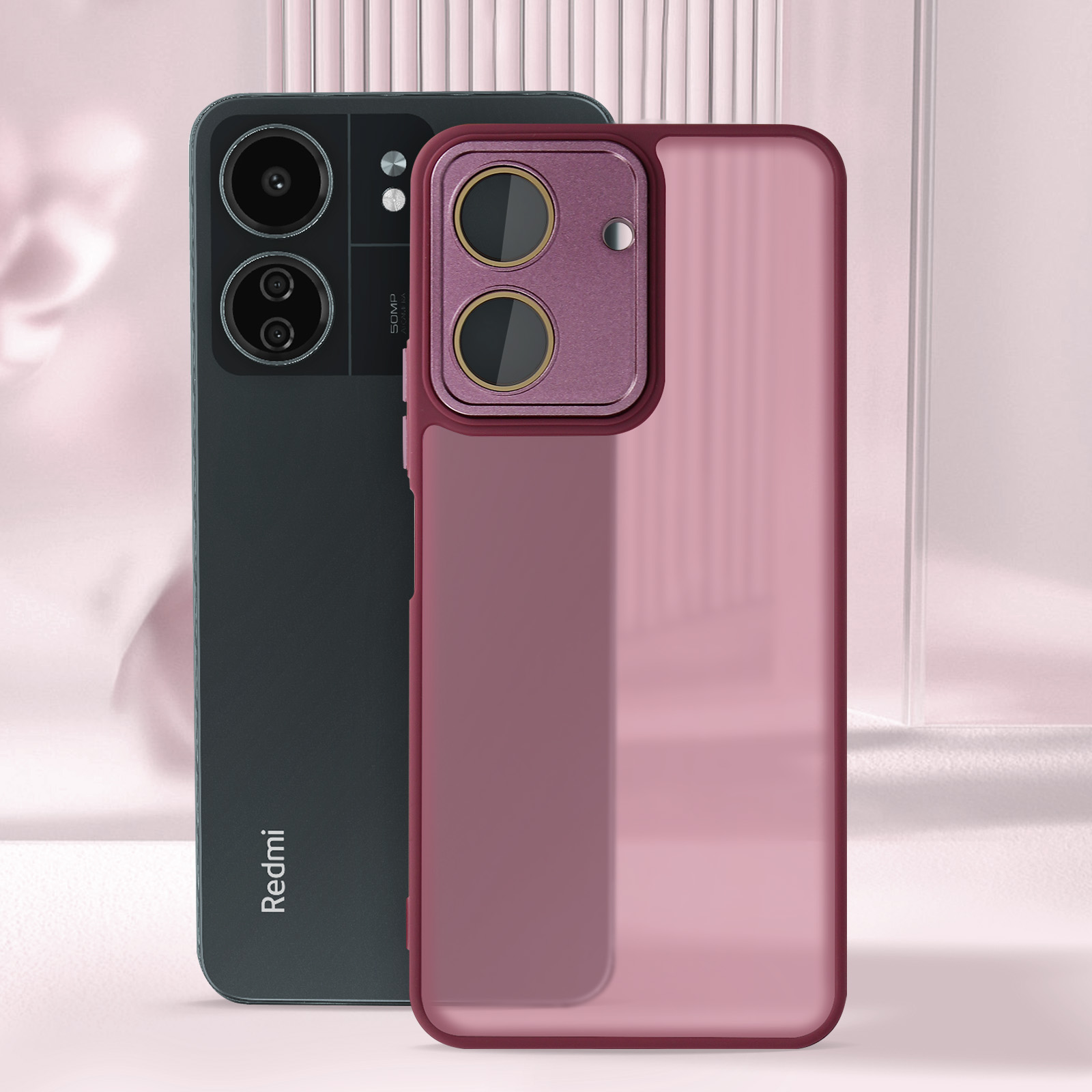 Due telefoni, uno con custodia. Telefoni rosa e neri, con Redmi scritto su uno.