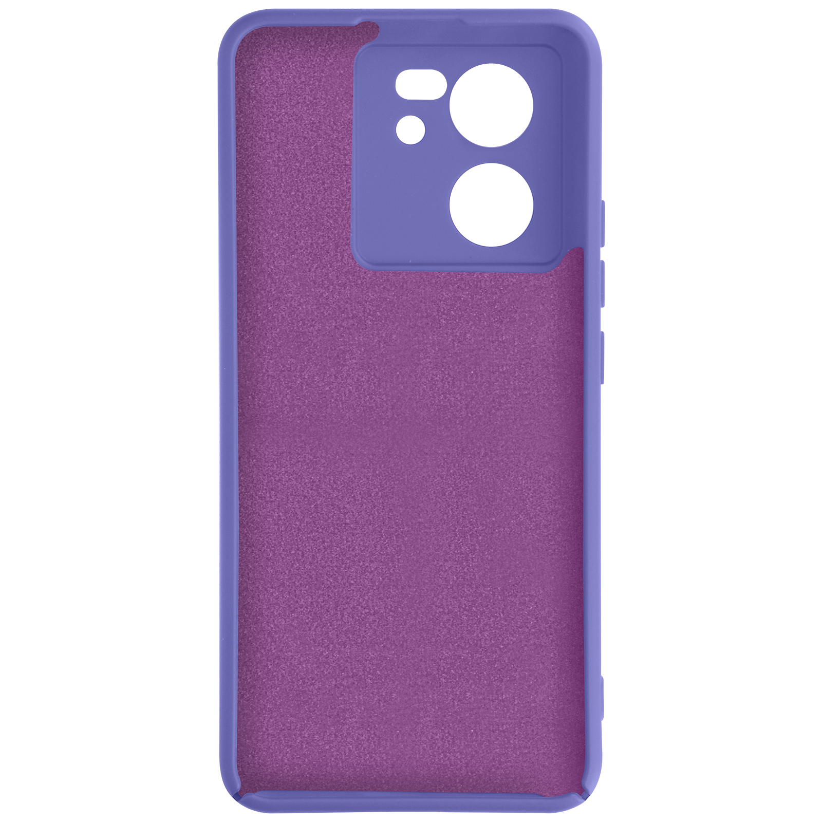 De binnenkant van een paarse telefoonhoes wordt getoond, met een bijpassende paarse rand en een gestructureerd interieur.