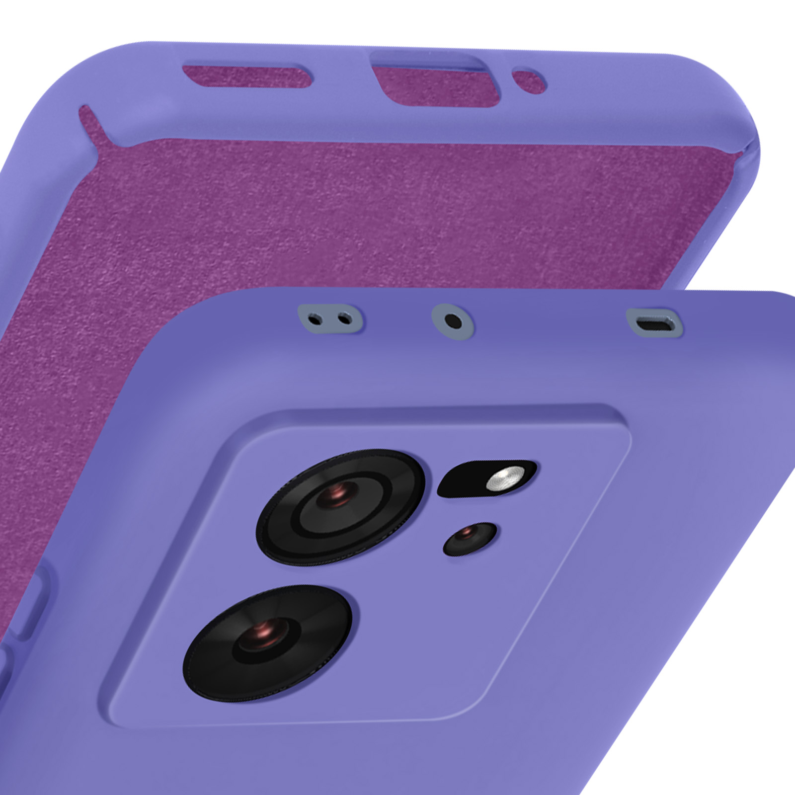 Paarse telefoonhoes. Close-up van camera-uitsparingen, twee lenzen zichtbaar. Paarse achtergrond met een getextureerd interieur.