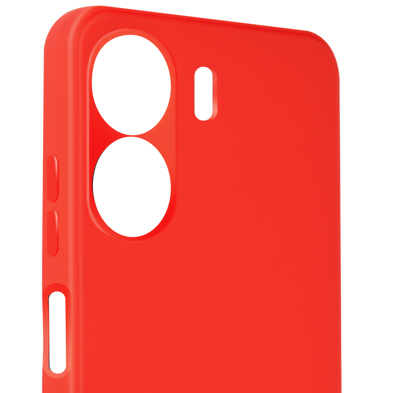 Custodia per telefono rossa con fori per la fotocamera. La custodia è rossa piena con angoli arrotondati.