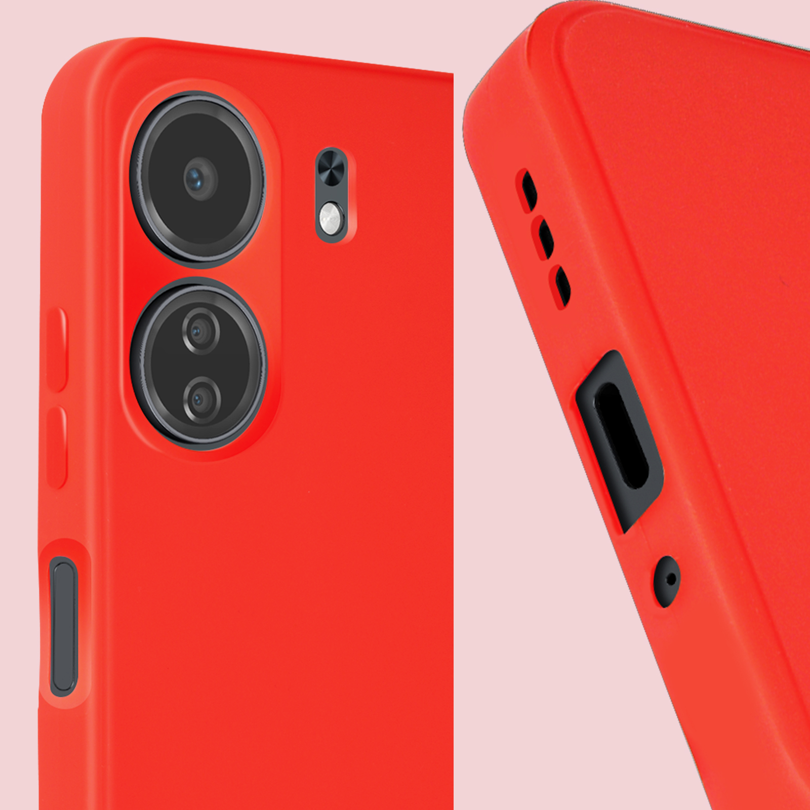 Una custodia rossa per telefono. La custodia ha un ritaglio per fotocamera e flash. Lo sfondo è una superficie rosa.