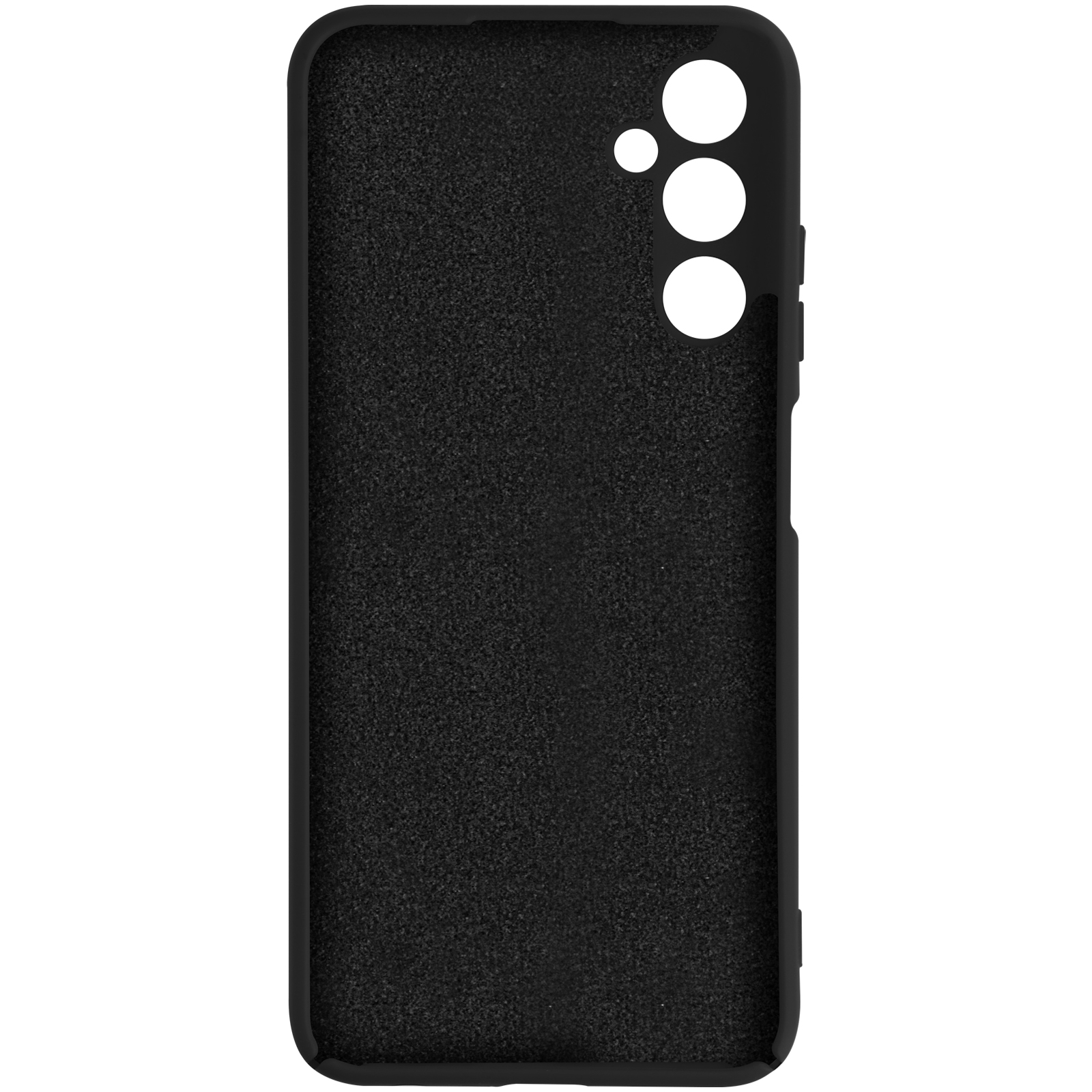 Custodia per telefono nera, vista interna. Mostra una superficie nera strutturata e ritagli per la fotocamera.