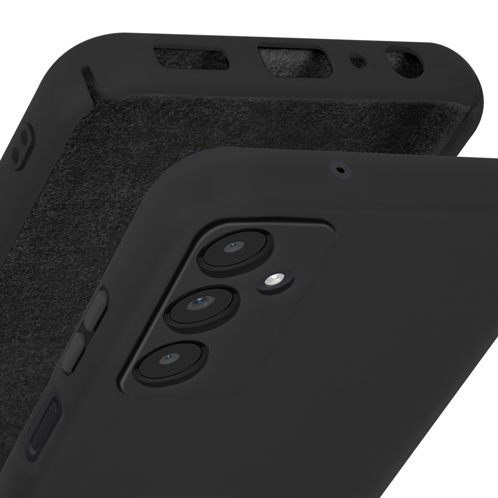 Primo piano di una custodia per telefono nera. La custodia ha tre obiettivi e un design curvo.