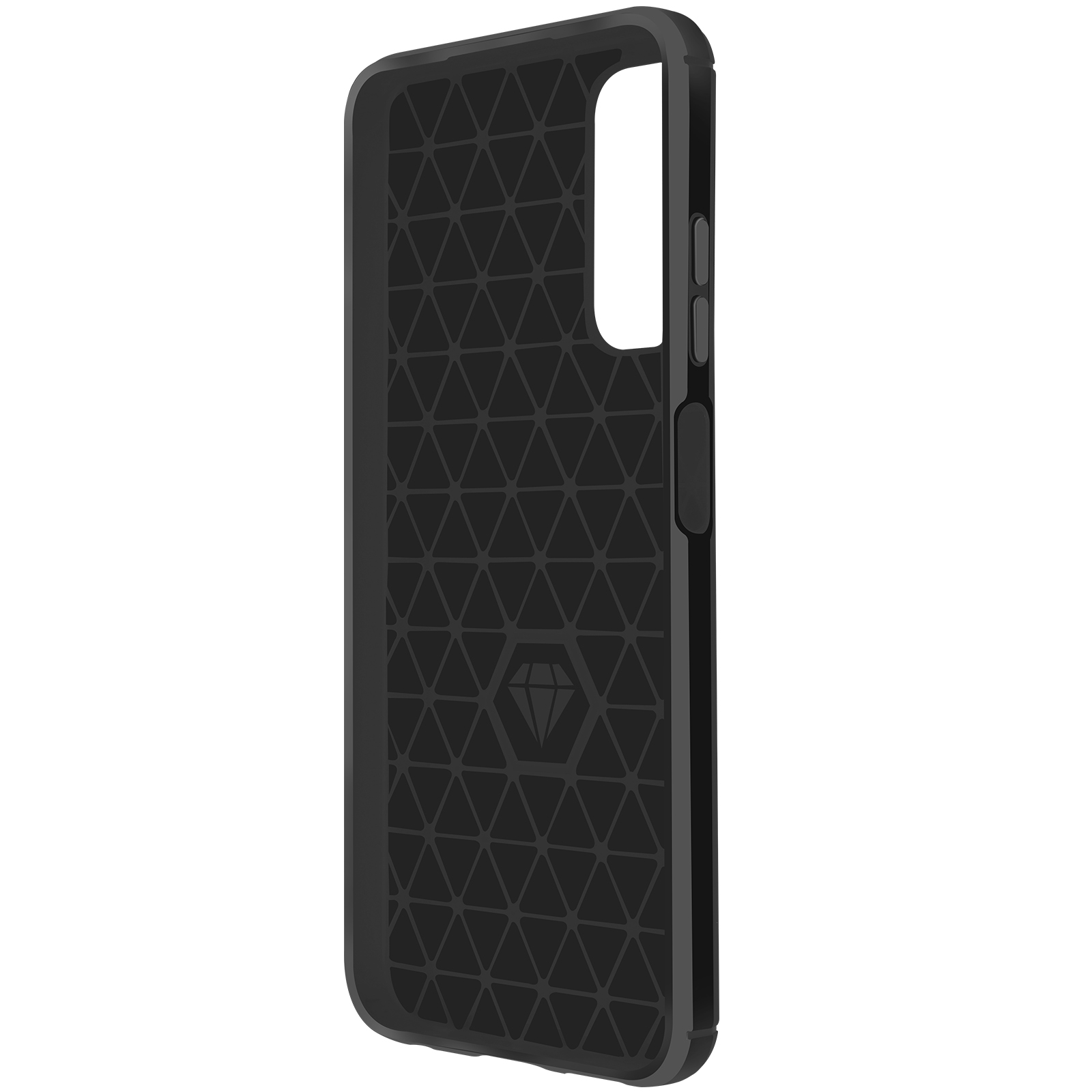 Custodia per telefono nera con motivo geometrico all'interno. Bordi e pulsanti neri.