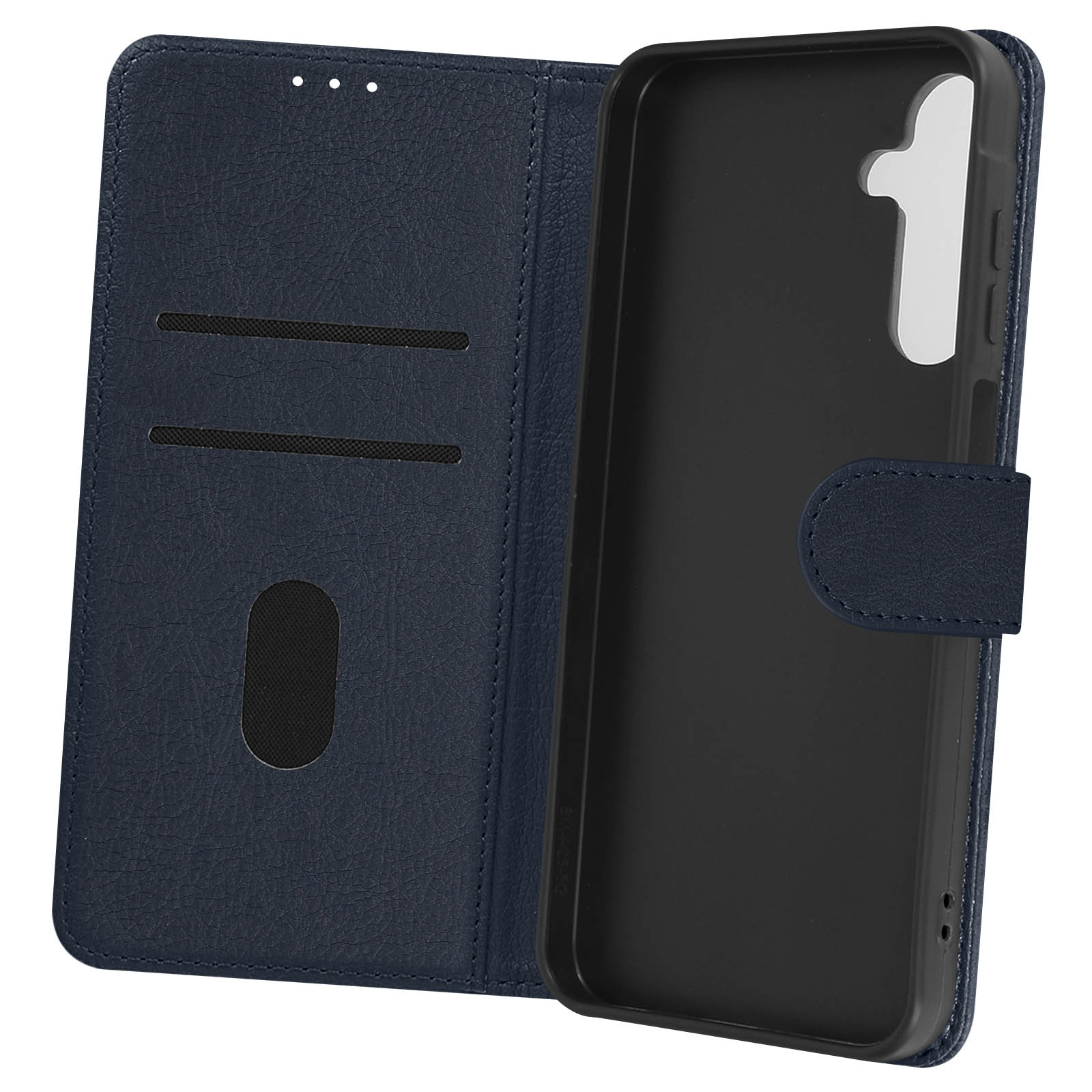 Custodia per telefono in pelle blu, aperta, con fessure per carte e interno nero.
