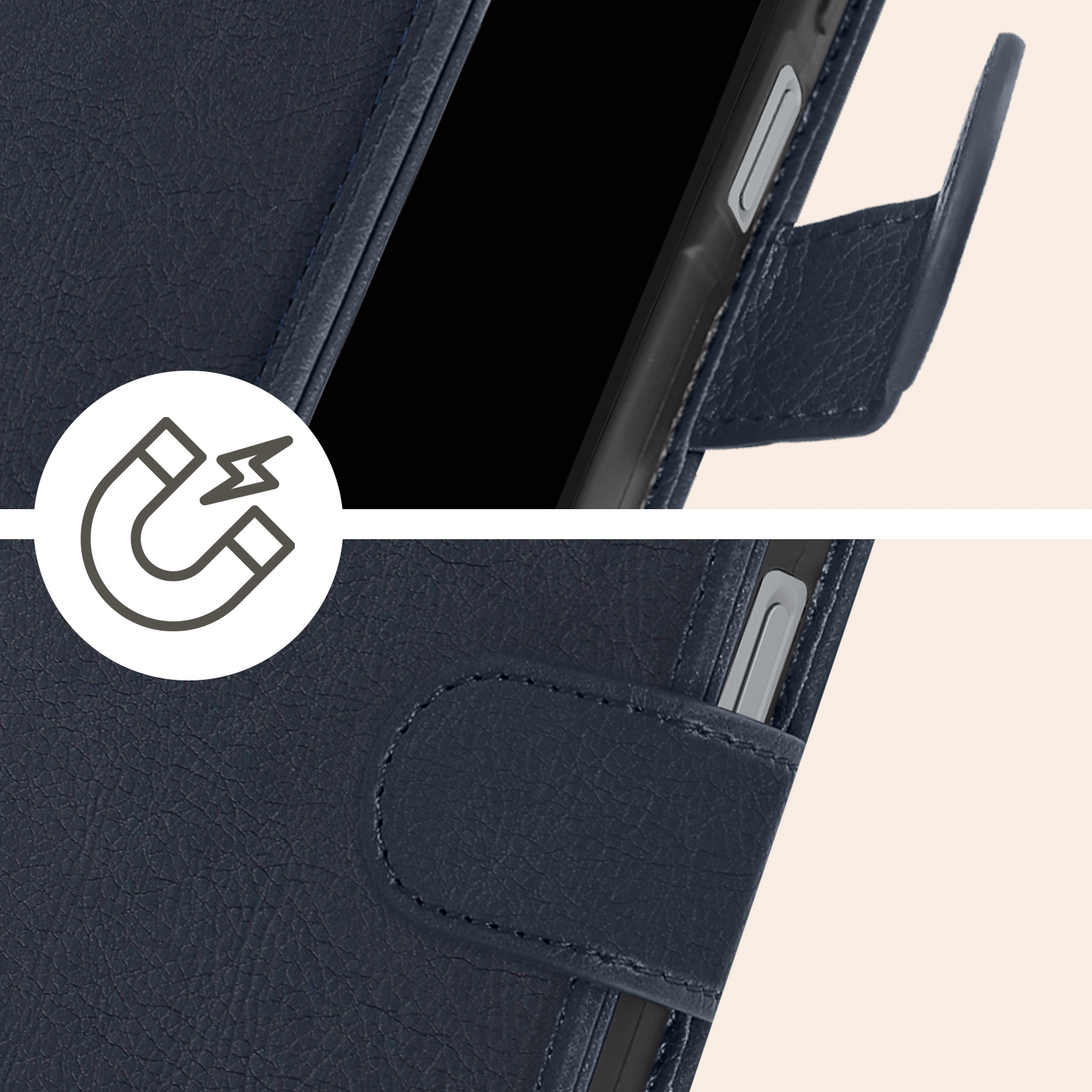 Primo piano di una custodia blu navy. Icona del magnete. Sfondo beige chiaro.