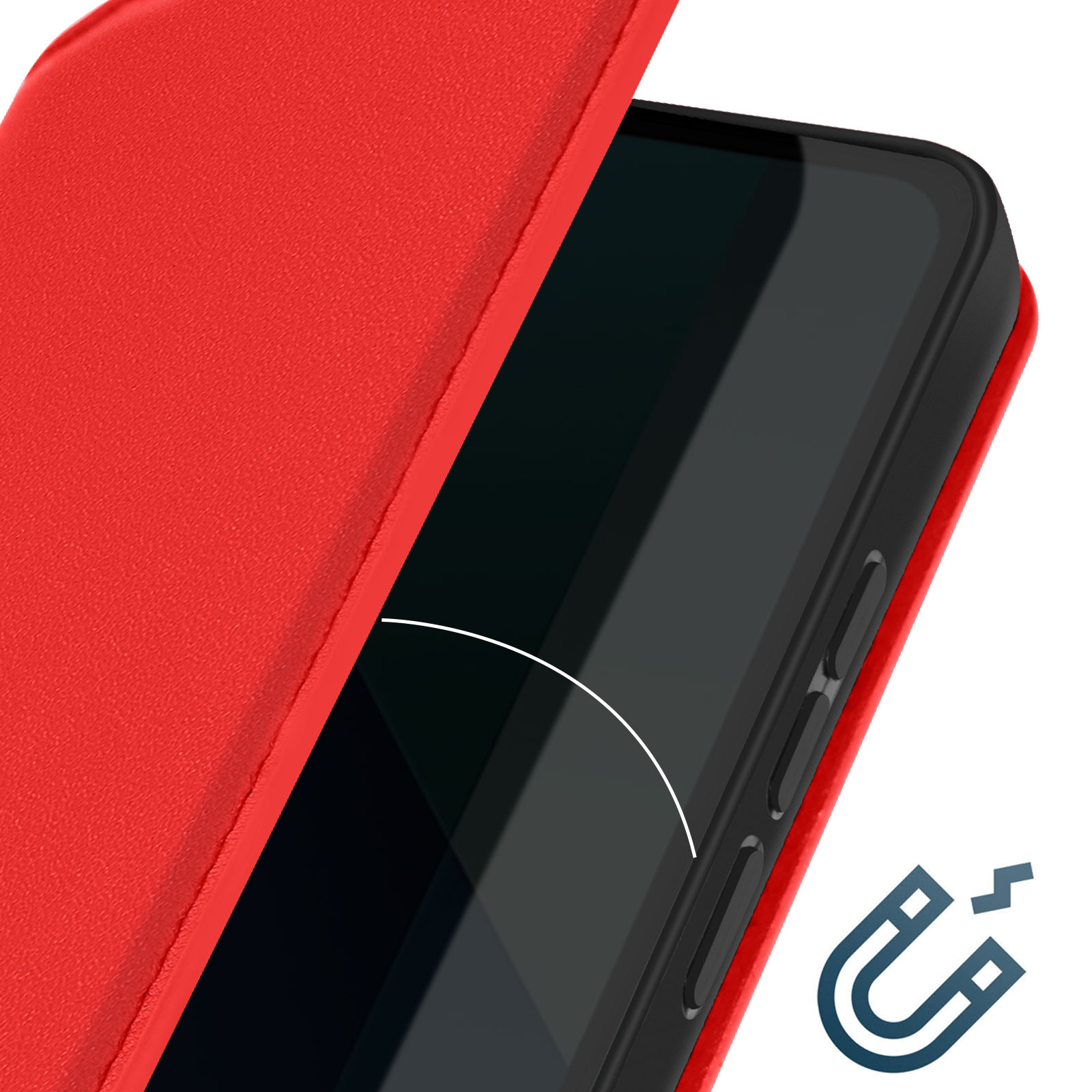 Primo piano di una custodia rossa per telefono con un'icona a calamita. Telefono parzialmente visibile.