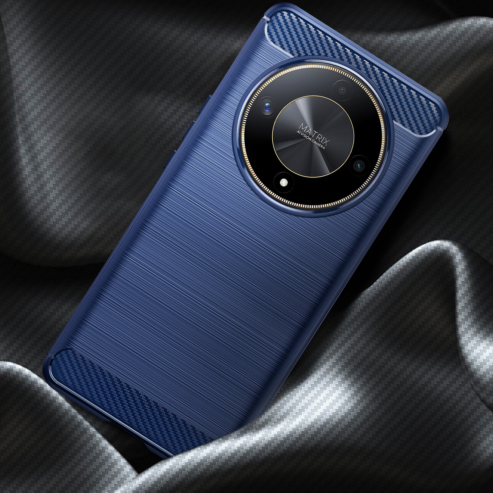 Custodia per telefono blu con retro testurizzato. La custodia è su una superficie testurizzata.