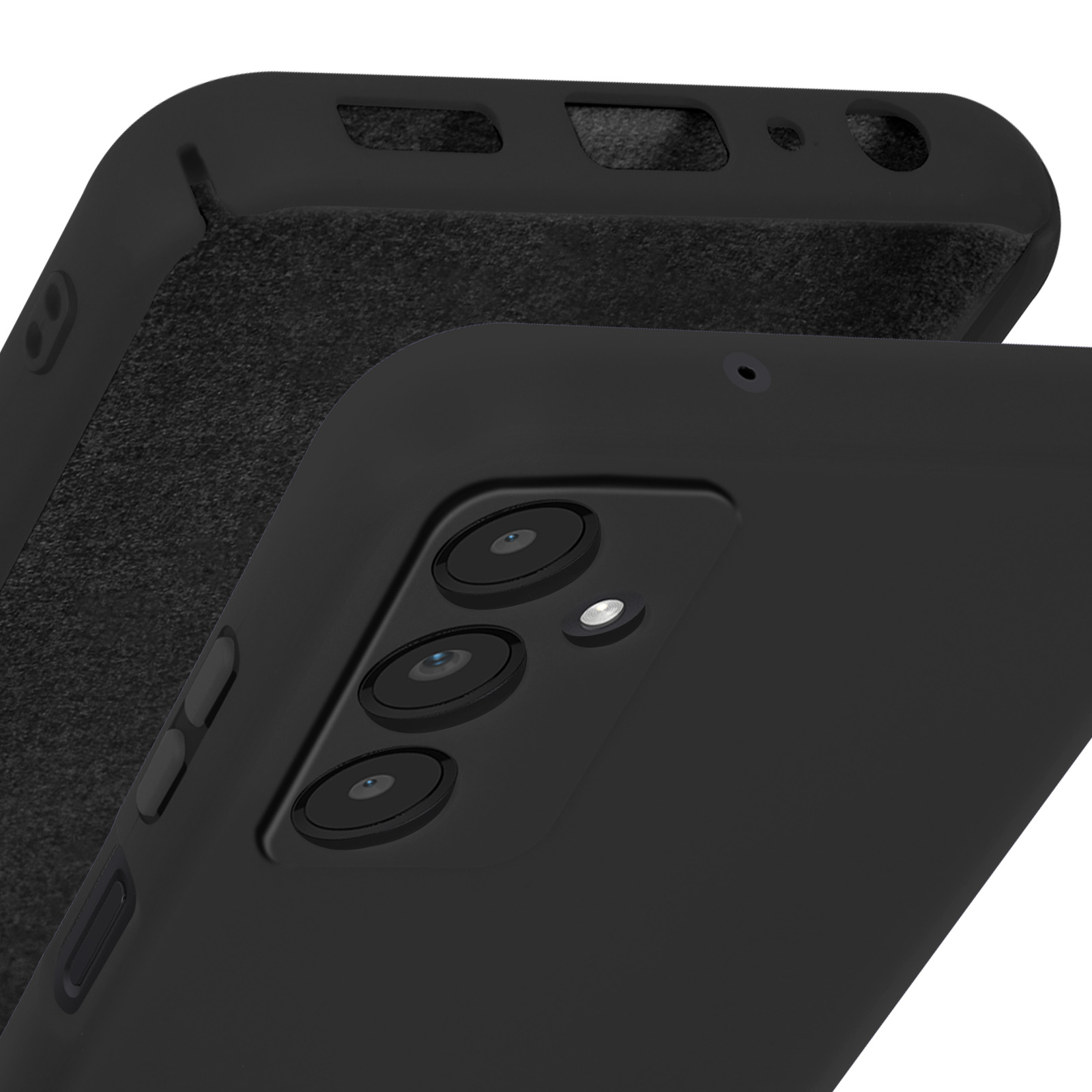 Custodia nera per telefono con tre ritagli per la fotocamera. La custodia è nera e liscia.