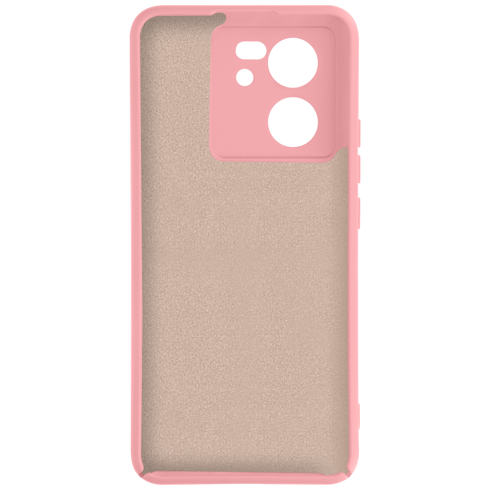Roze telefoonhoesje interieur, met uitsparingen voor camera en andere functies.
