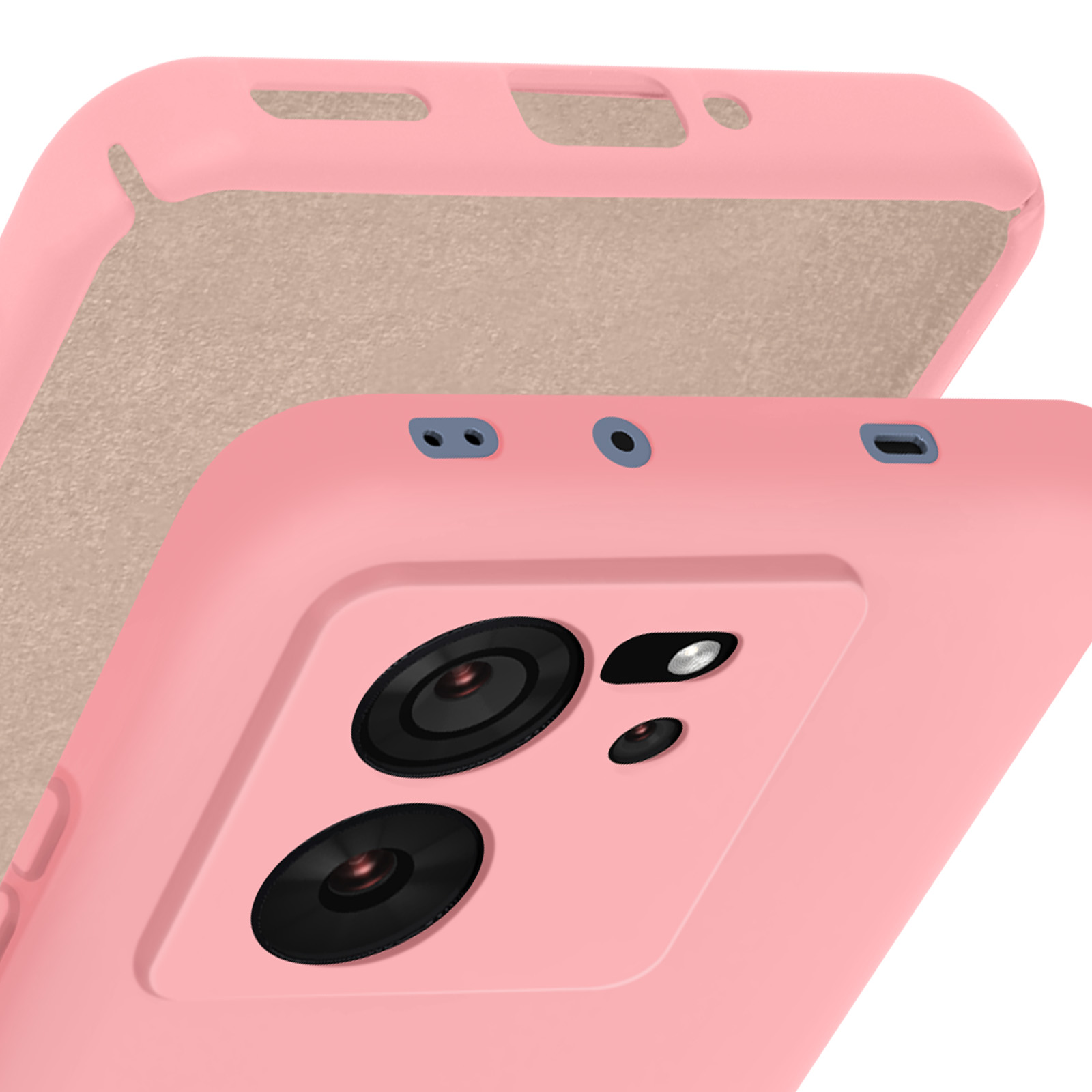 Een roze telefoonhoesje met een lichtbeige binnenkant. De hoes heeft uitsparingen voor camera en speaker.