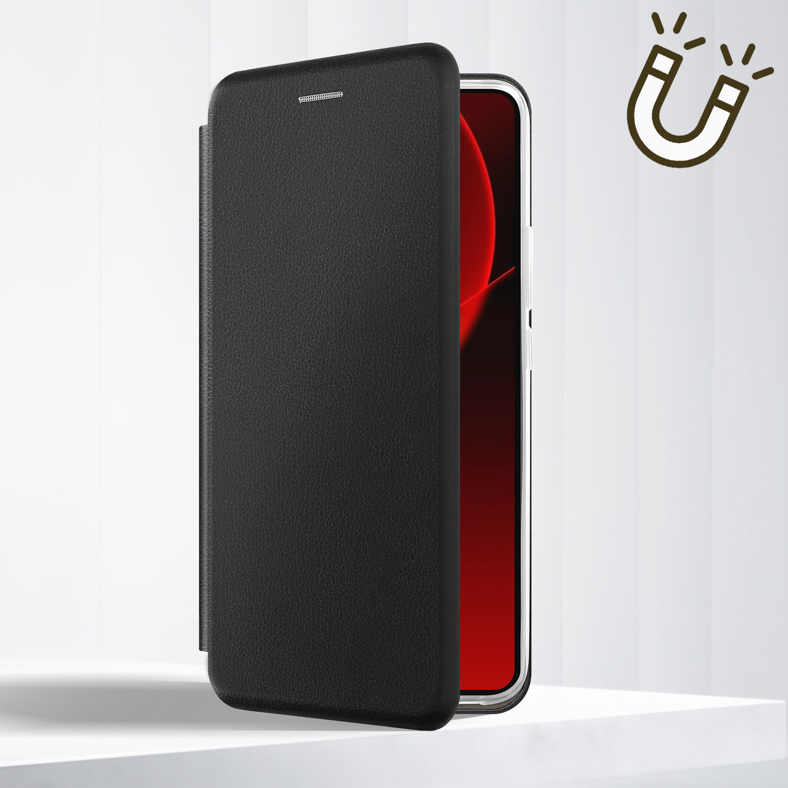 Custodia per telefono nera con chiusura magnetica, schermo rosso del telefono visibile.