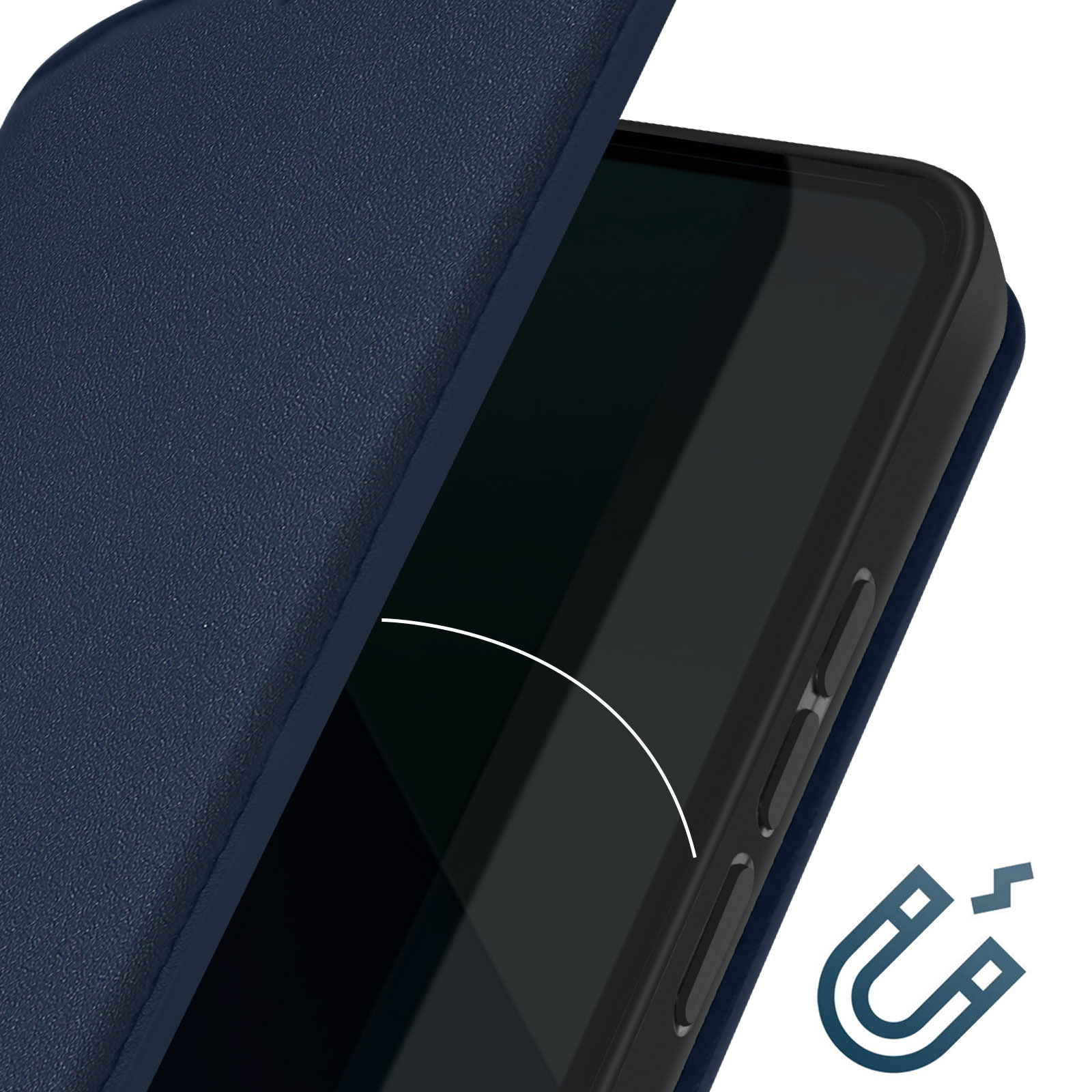 Blaue Handyhülle mit einem Telefon. Das Telefon ist schwarz und die Hülle ist offen, mit Magnet.