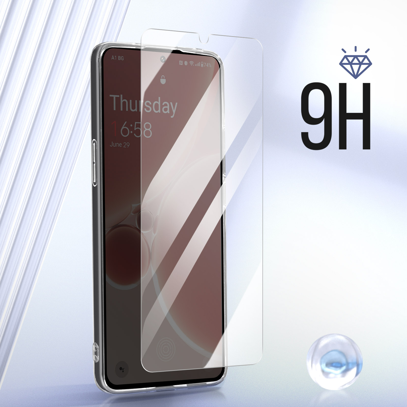Telefonbildschirm und Schutzglas. Bildschirm zeigt Donnerstag um 6:58 Uhr. 9H Text sichtbar.