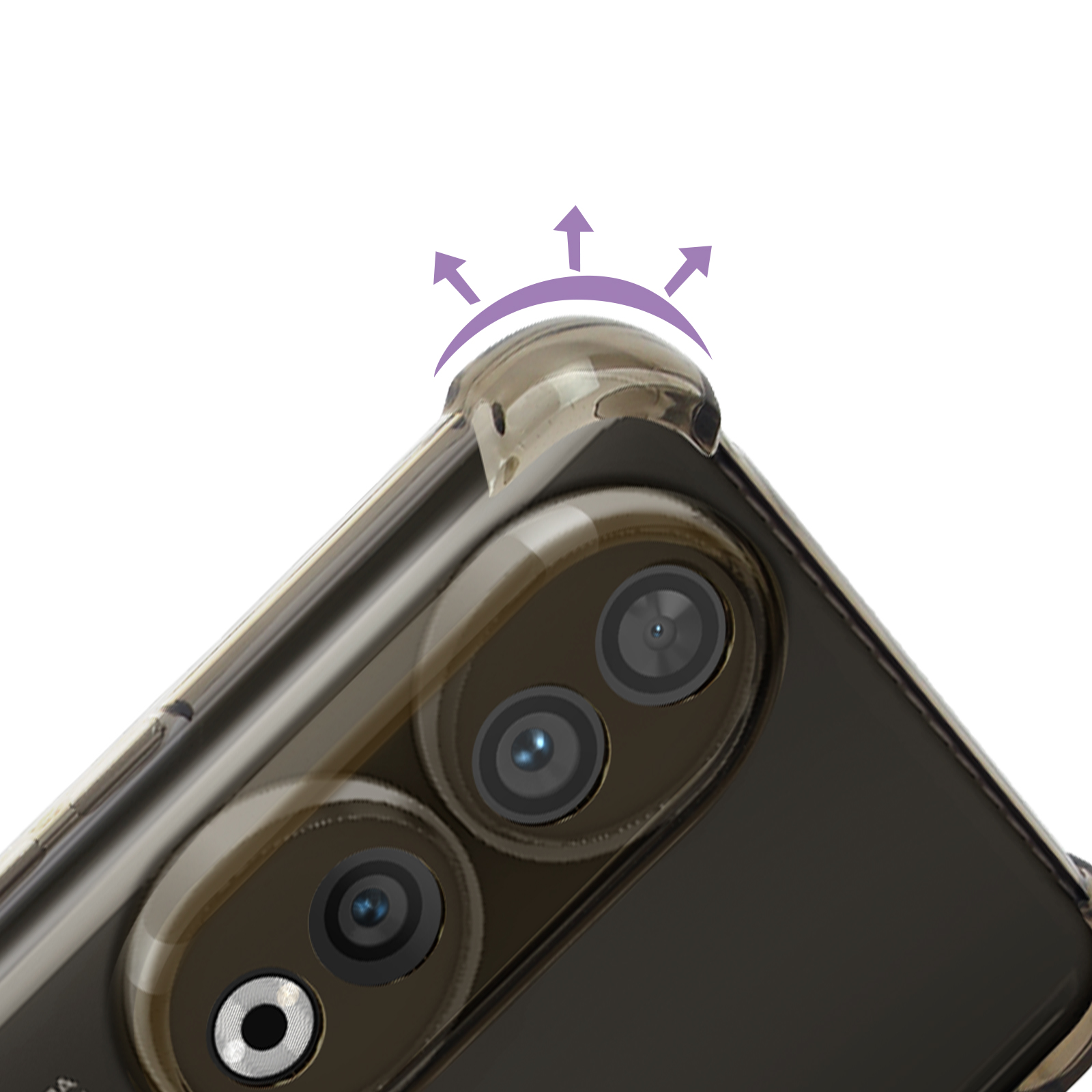 Custodia per telefono con tre fotocamere, frecce indicano protezione.