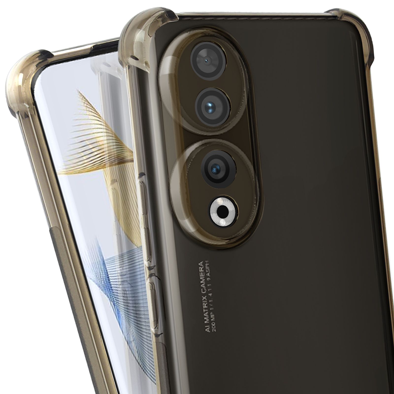 Telefono con tre lenti, in custodia trasparente, retro nero e cornice marrone.