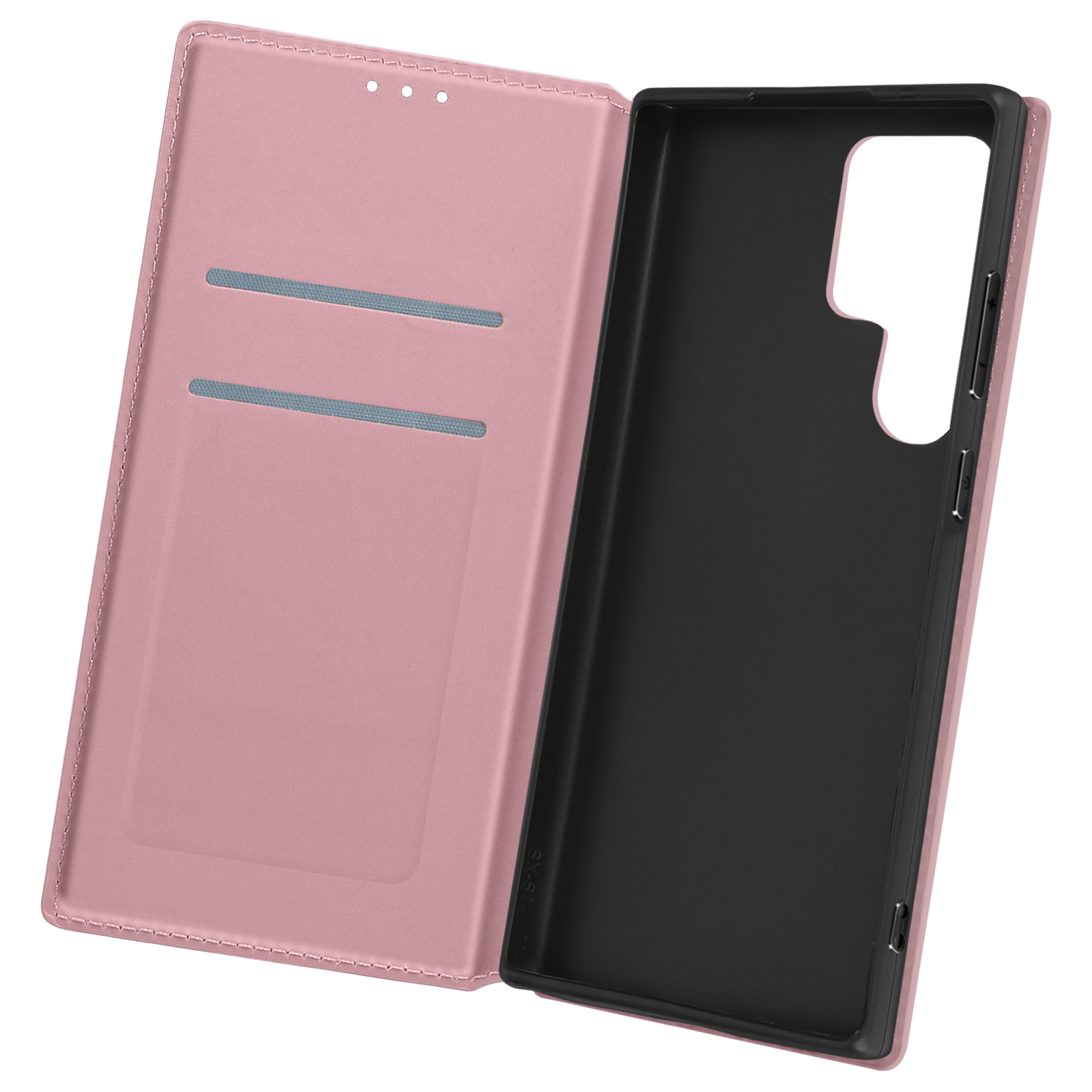 Custodia rosa per telefono, aperta. L'interno è nero, rivelando la forma del telefono, fessure per carte.