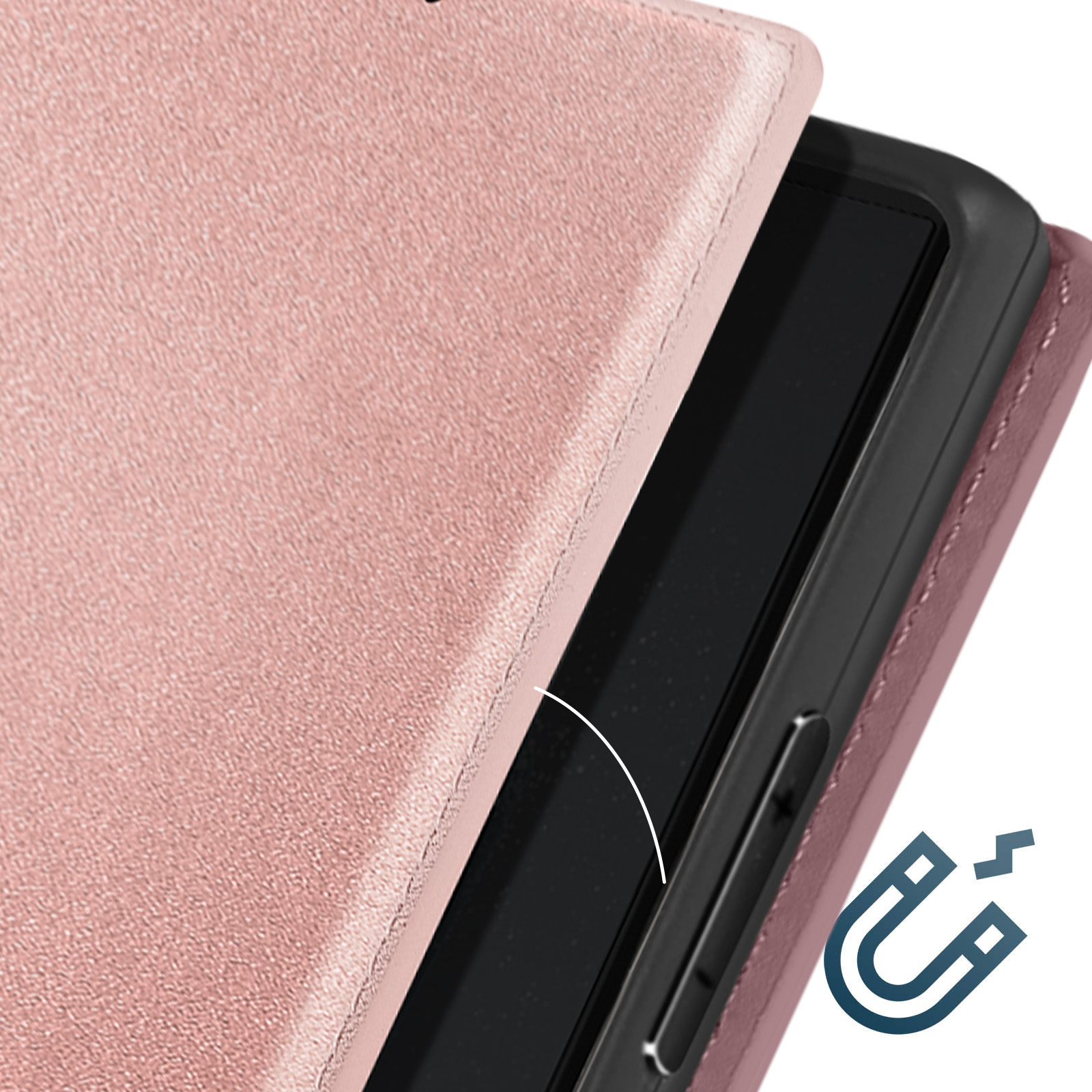 Custodia per telefono rosa aperta per rivelare il telefono. La custodia è rosa e il telefono è nero.