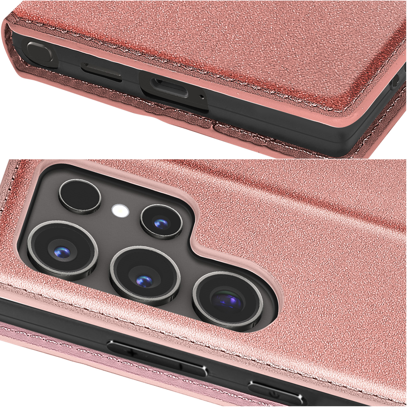 Primo piano di una custodia rosa con lenti della fotocamera e pulsanti.