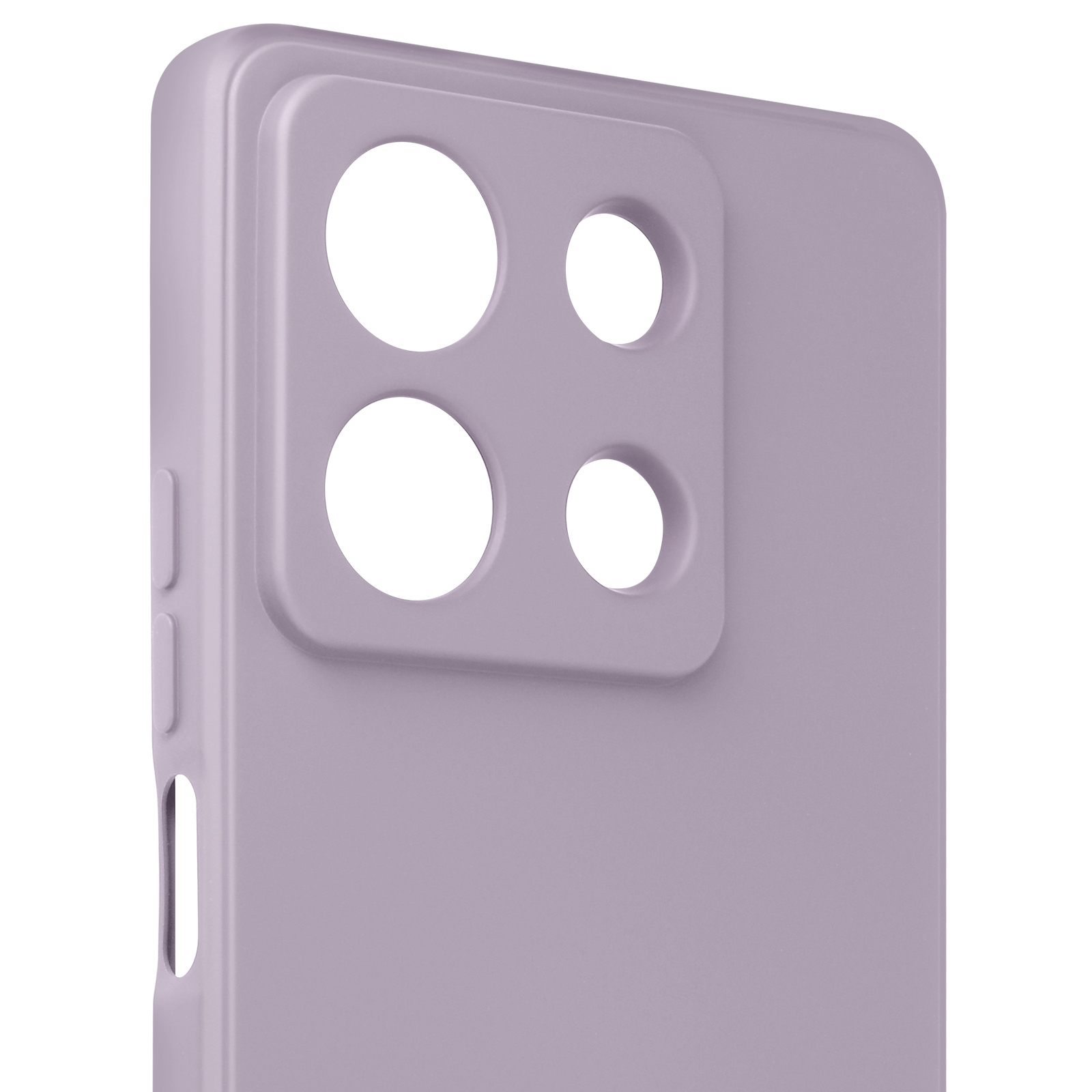 Custodia per telefono viola con ritagli per fotocamera. Primo piano su sfondo bianco.