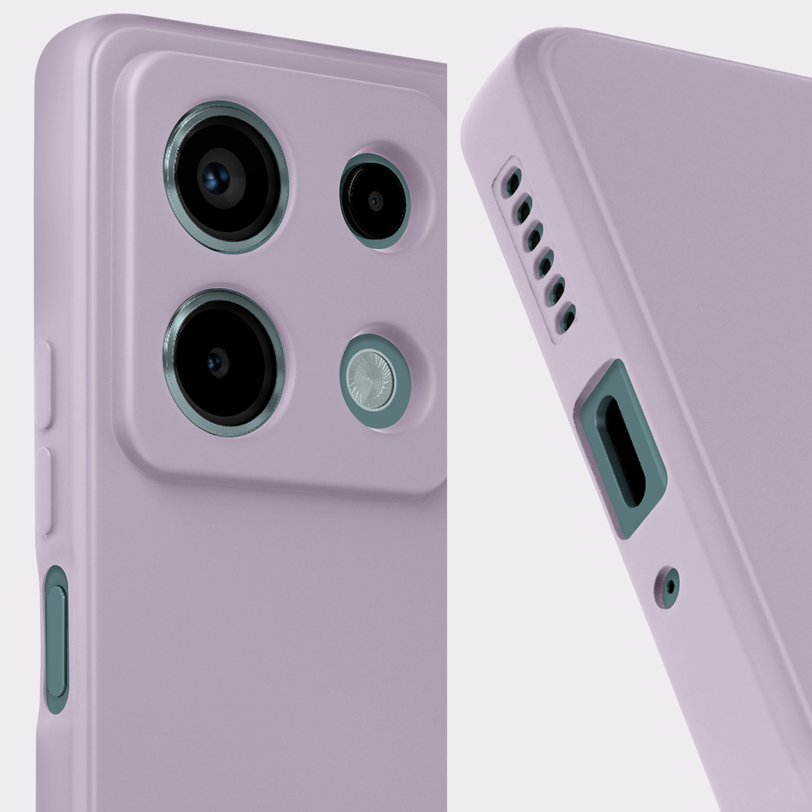 Primo piano di un telefono viola con lenti della fotocamera e dettagli, sfondo bianco.