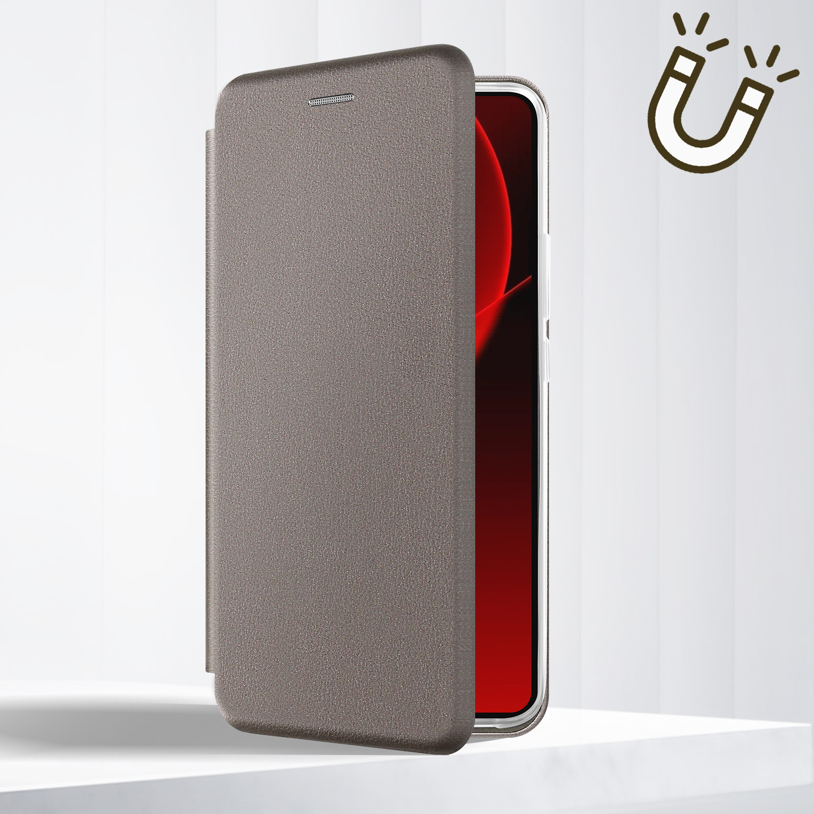 Telefono in custodia a libro marrone, parzialmente aperto. Lo schermo è rosso. Icona magnete.