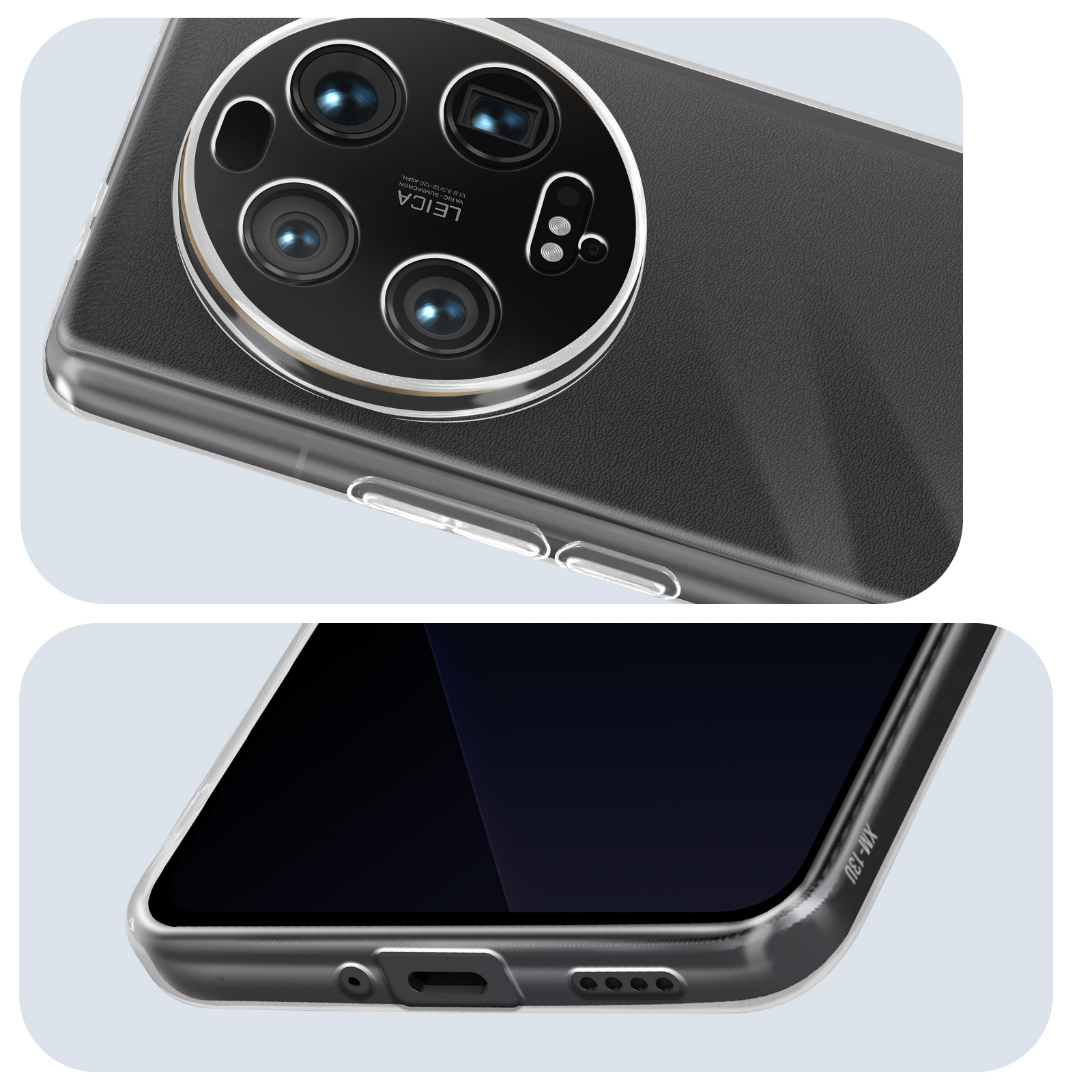 Primo piano di un telefono con lenti della fotocamera. La cover è trasparente. Il telefono è nero.