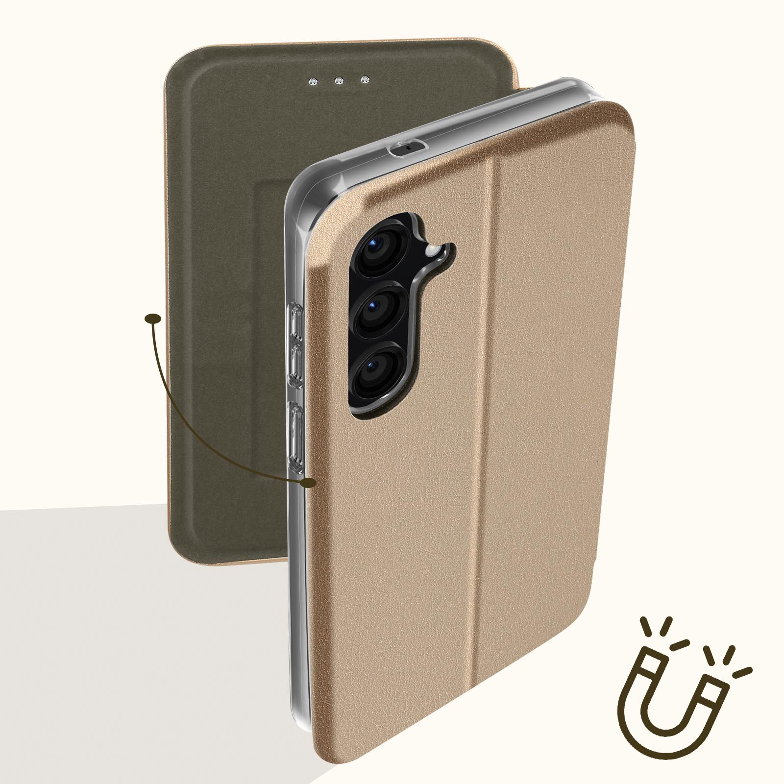 Una custodia dorata per telefono è aperta, rivelando l'interno. Icona magnete a destra.