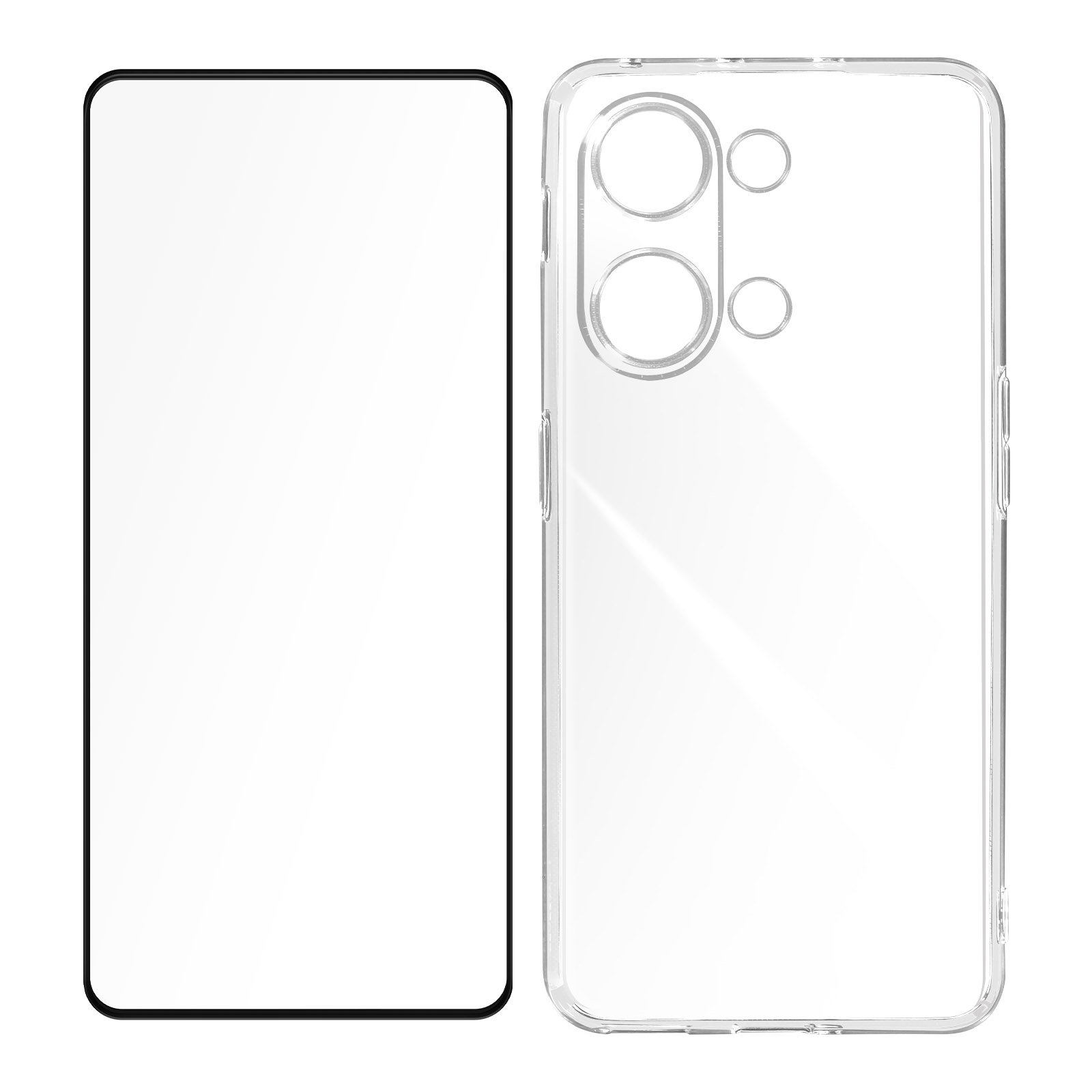 Transparenter Displayschutz und Hülle für das Telefon, weißer Hintergrund.