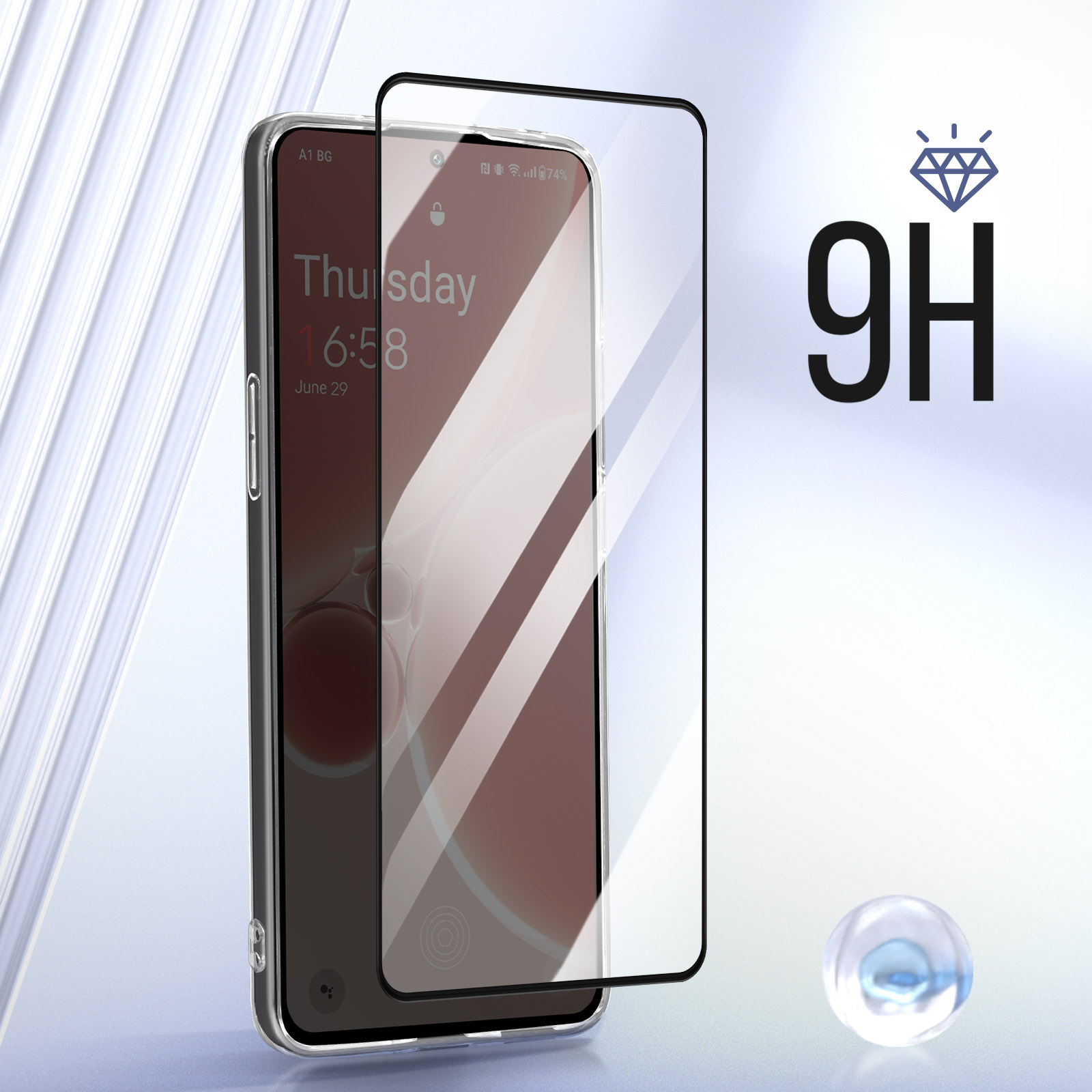 Telefon mit Displayschutz; Glasschutzfolie. 9H-Diamant-Logo. Transparente Handyhülle.