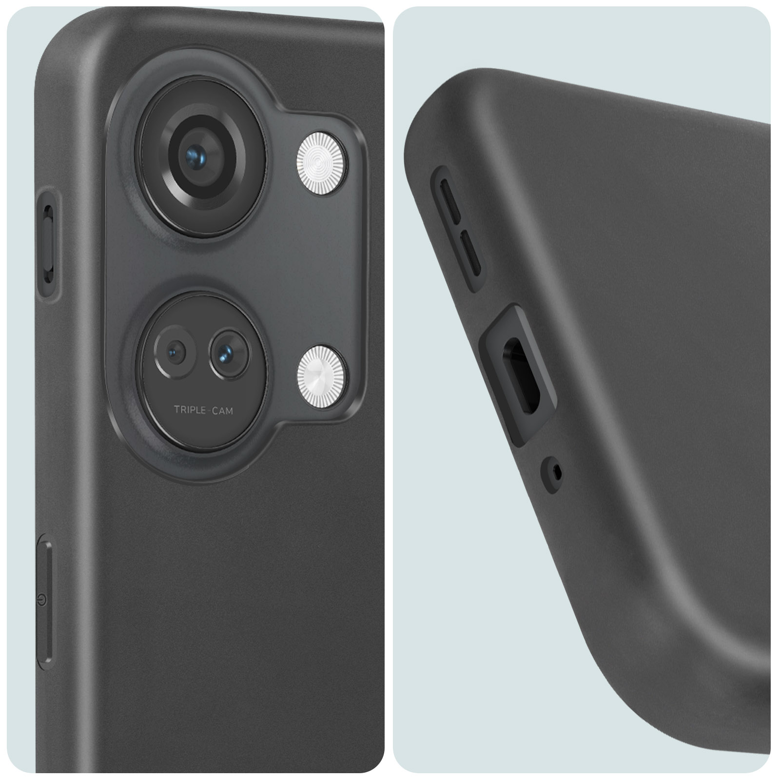 Primo piano di una custodia nera per telefono, con modulo fotocamera e tasti laterali visibili.