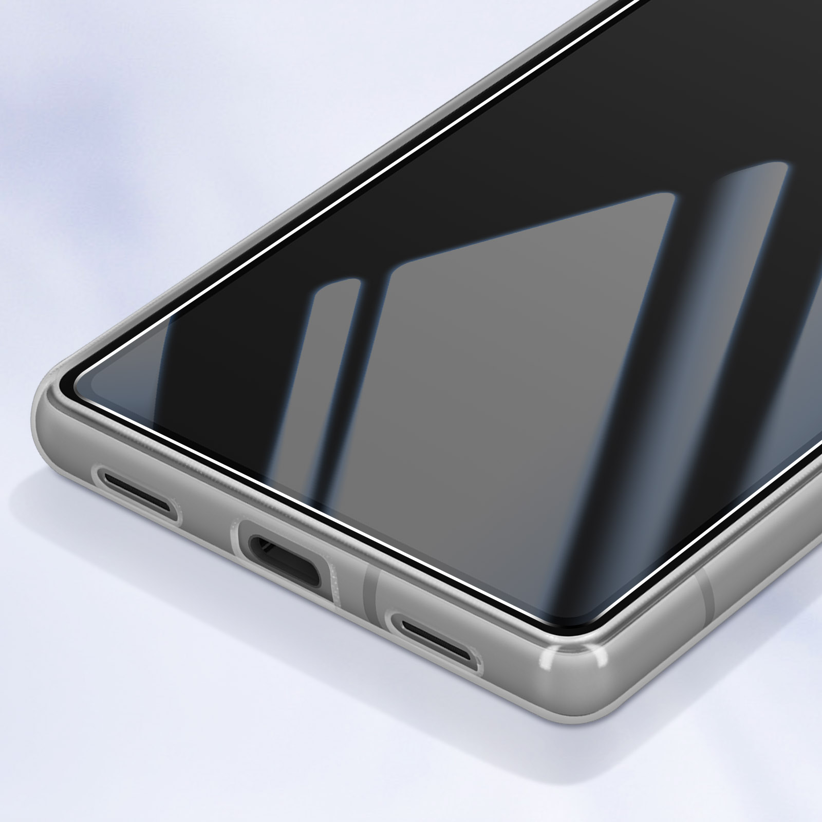 Primo piano del bordo di una custodia per telefono, che mostra il lato e il fondo.