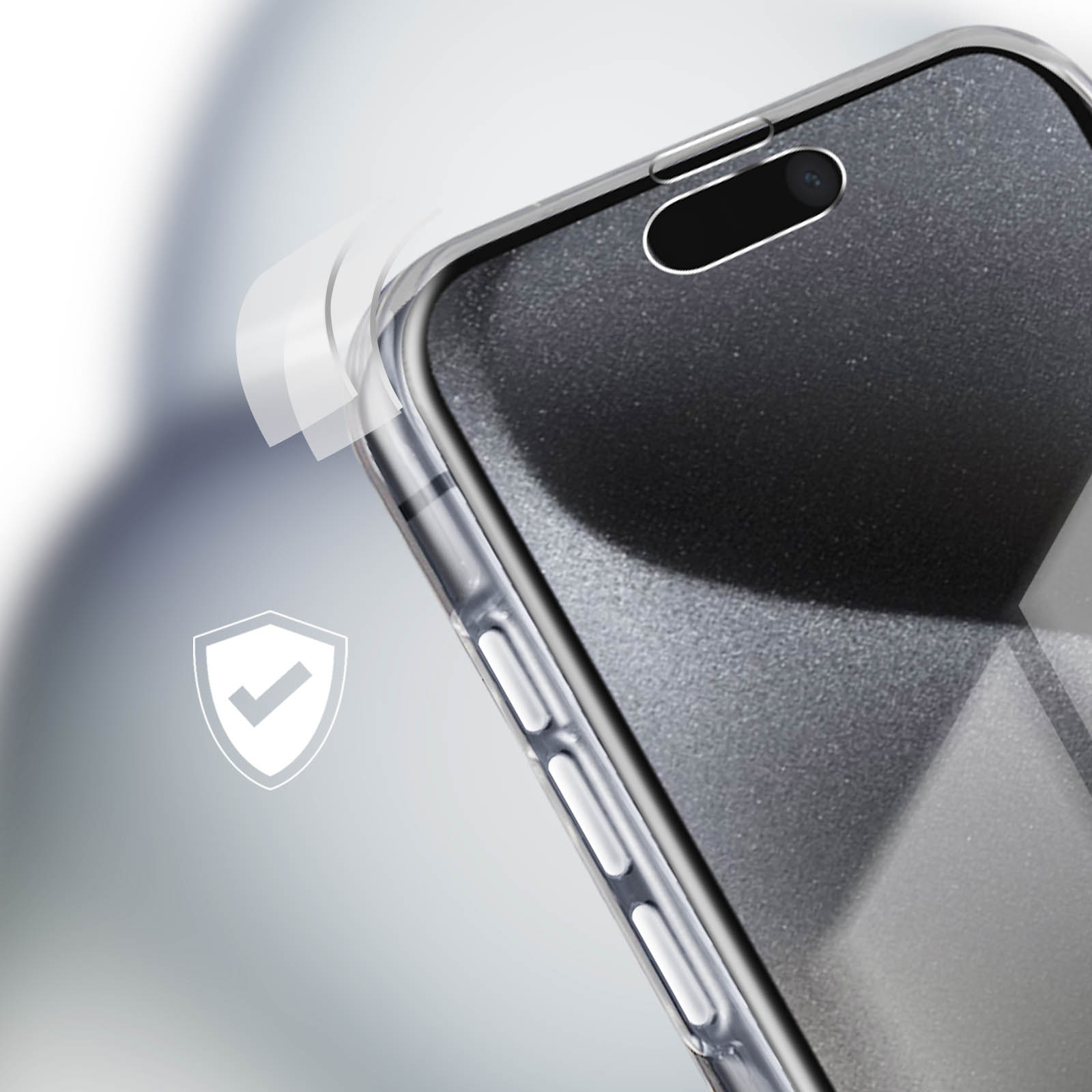 Custodia per telefono con display curvo. È trasparente e ha un'icona a scudo. Sfondo bianco.