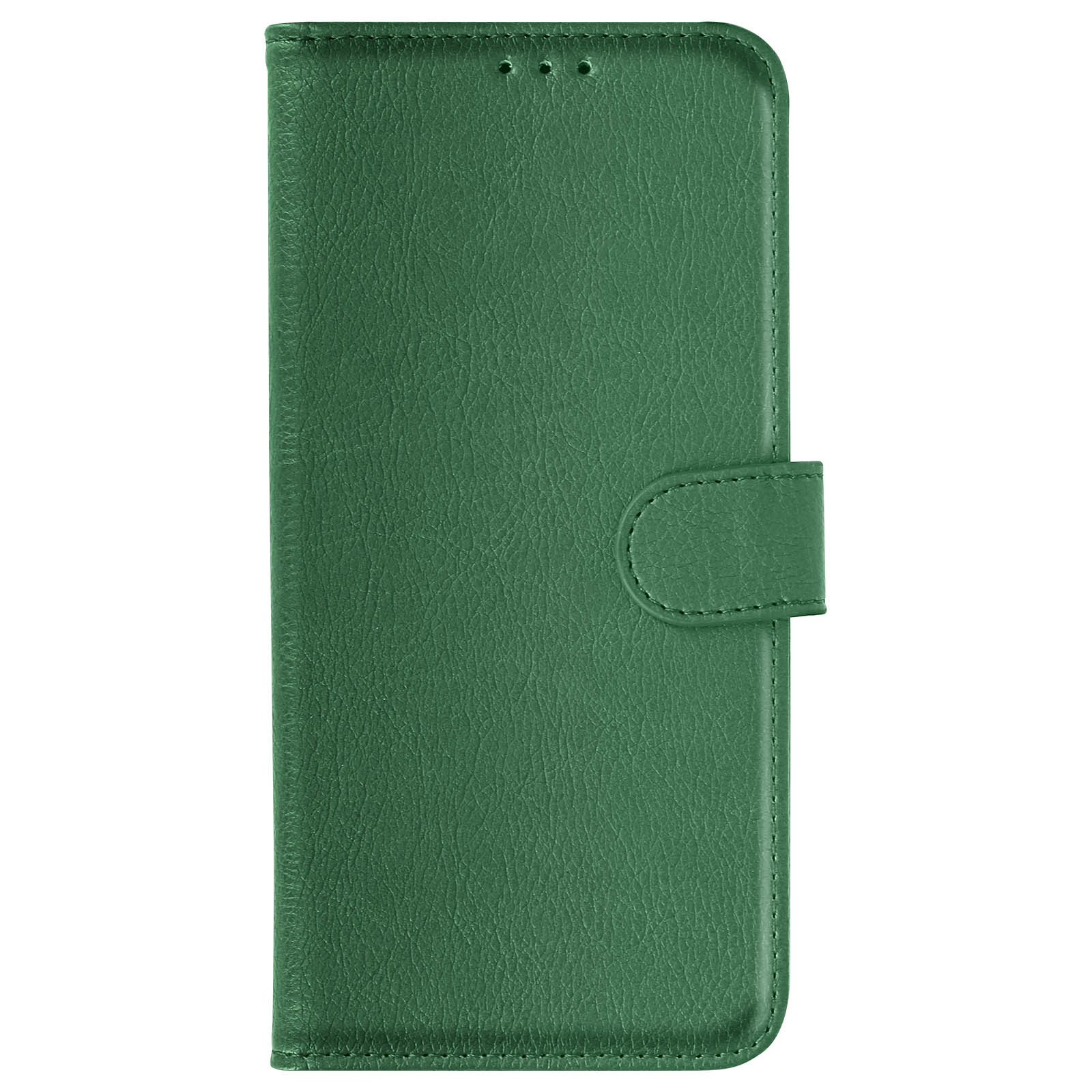 Custodia per telefono in pelle verde chiusa, con un bottone. La custodia è su sfondo bianco.