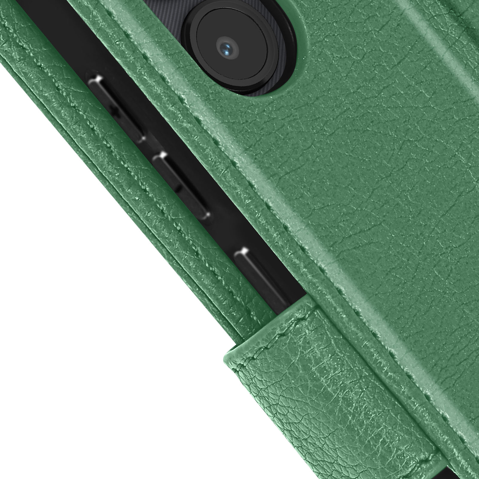Primo piano di una custodia verde per telefono con fotocamere. Dettaglio della texture.