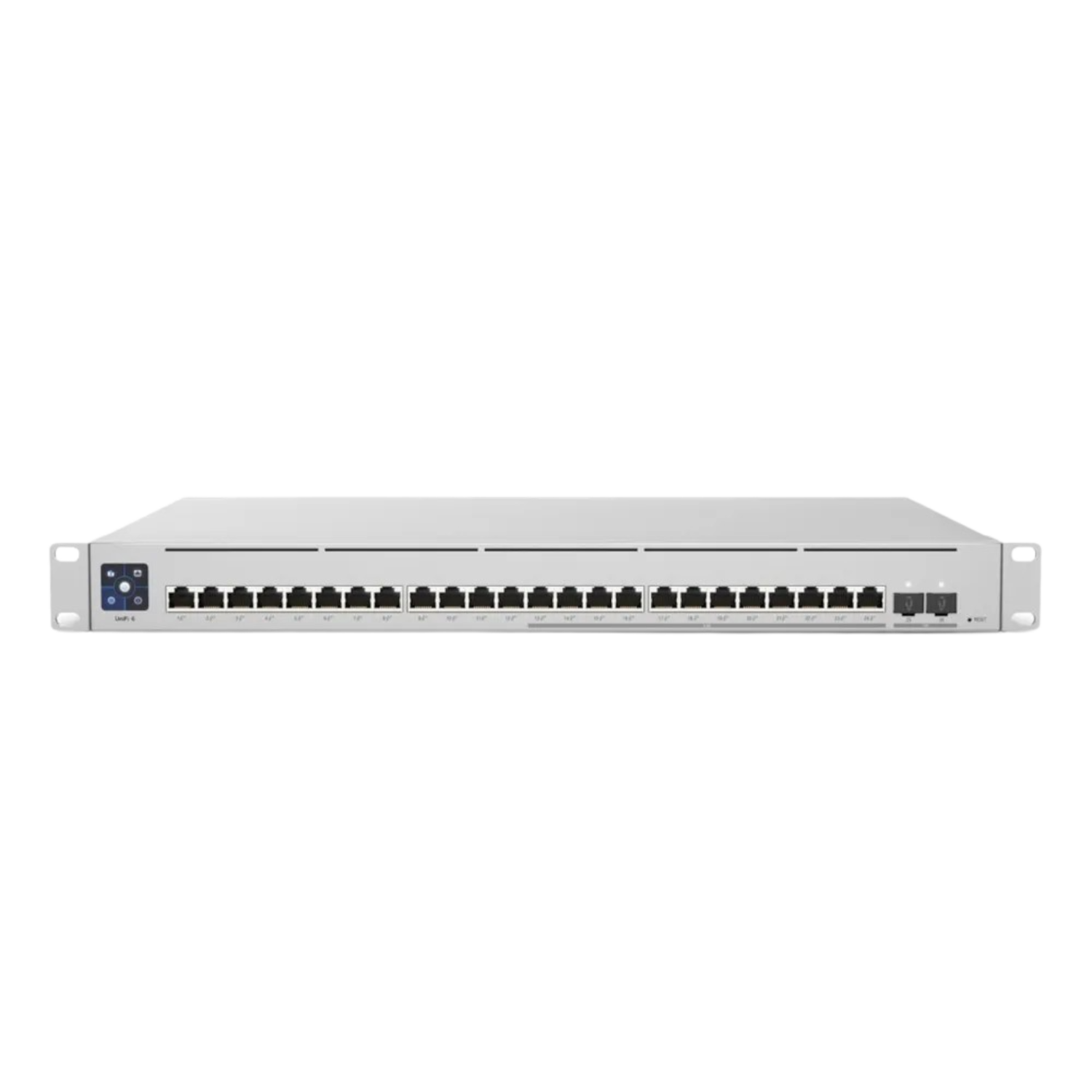 Silberner Netzwerk-Switch mit vielen Anschlüssen und Einschaltknöpfen. Schwarzer Hintergrund.