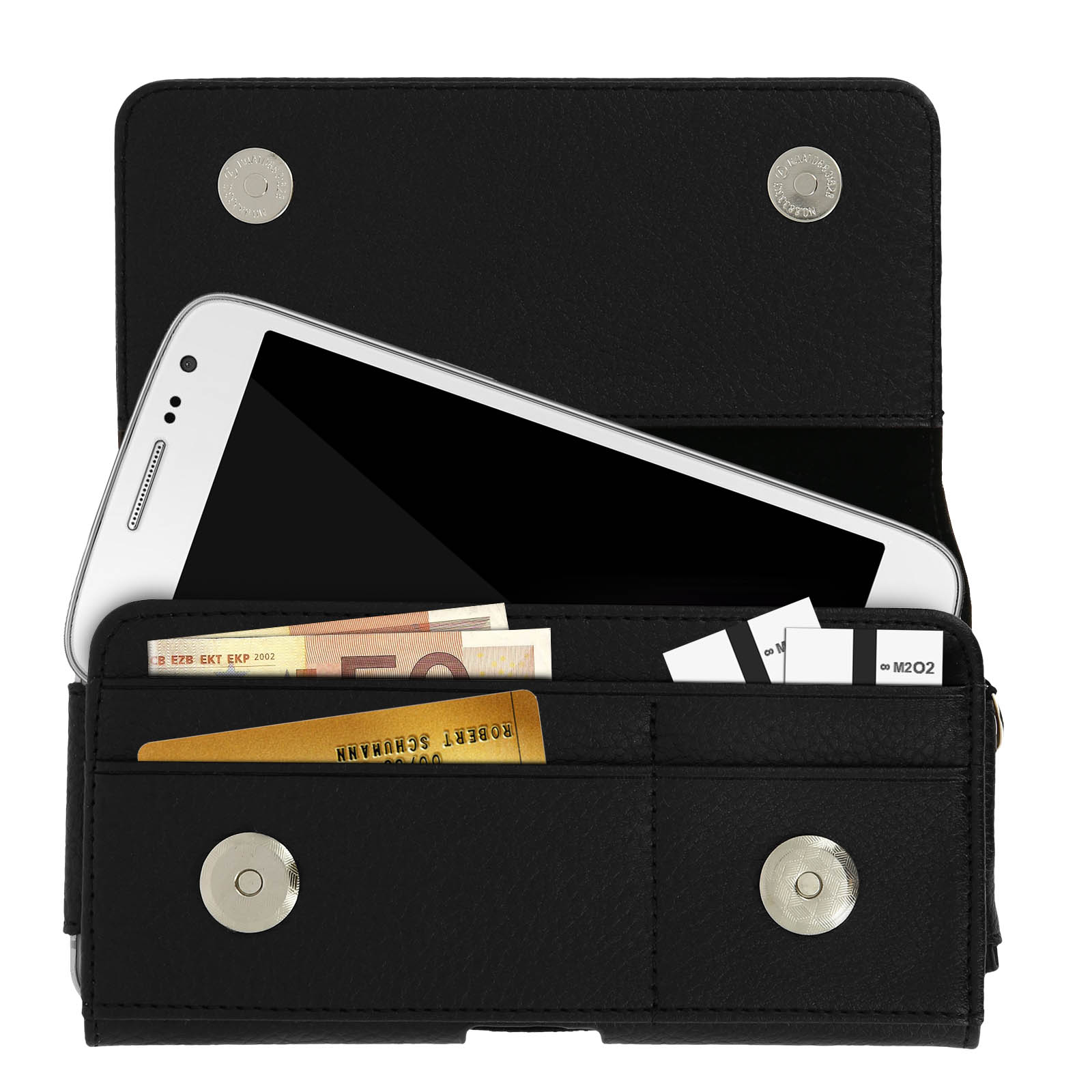 Custodia nera per telefono aperta, che mostra un telefono, carte e denaro all'interno.