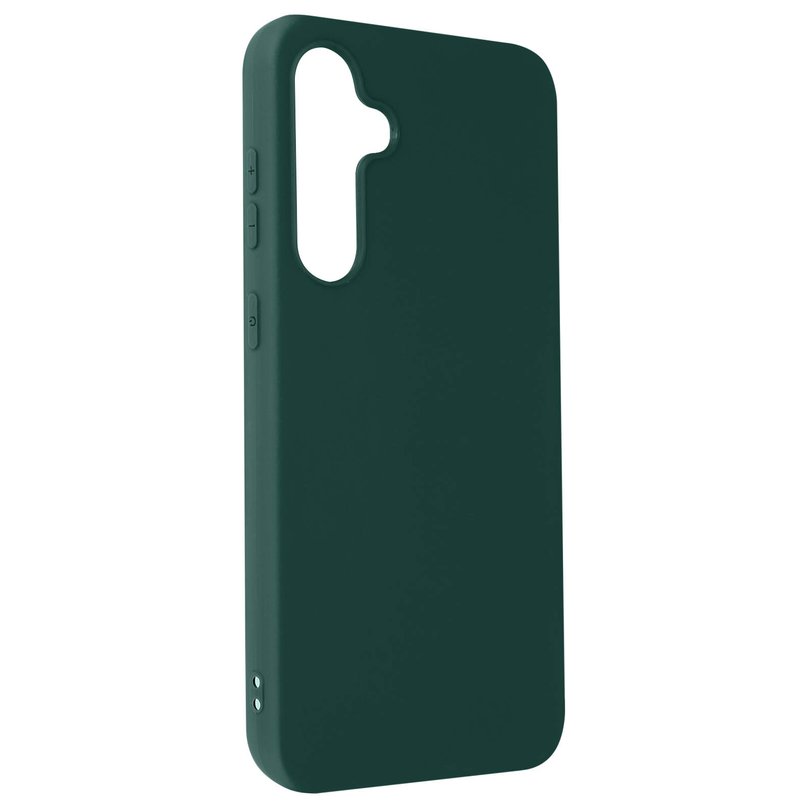 Custodia per telefono verde scuro con pulsanti e un ritaglio per la fotocamera. Sfondo chiaro.
