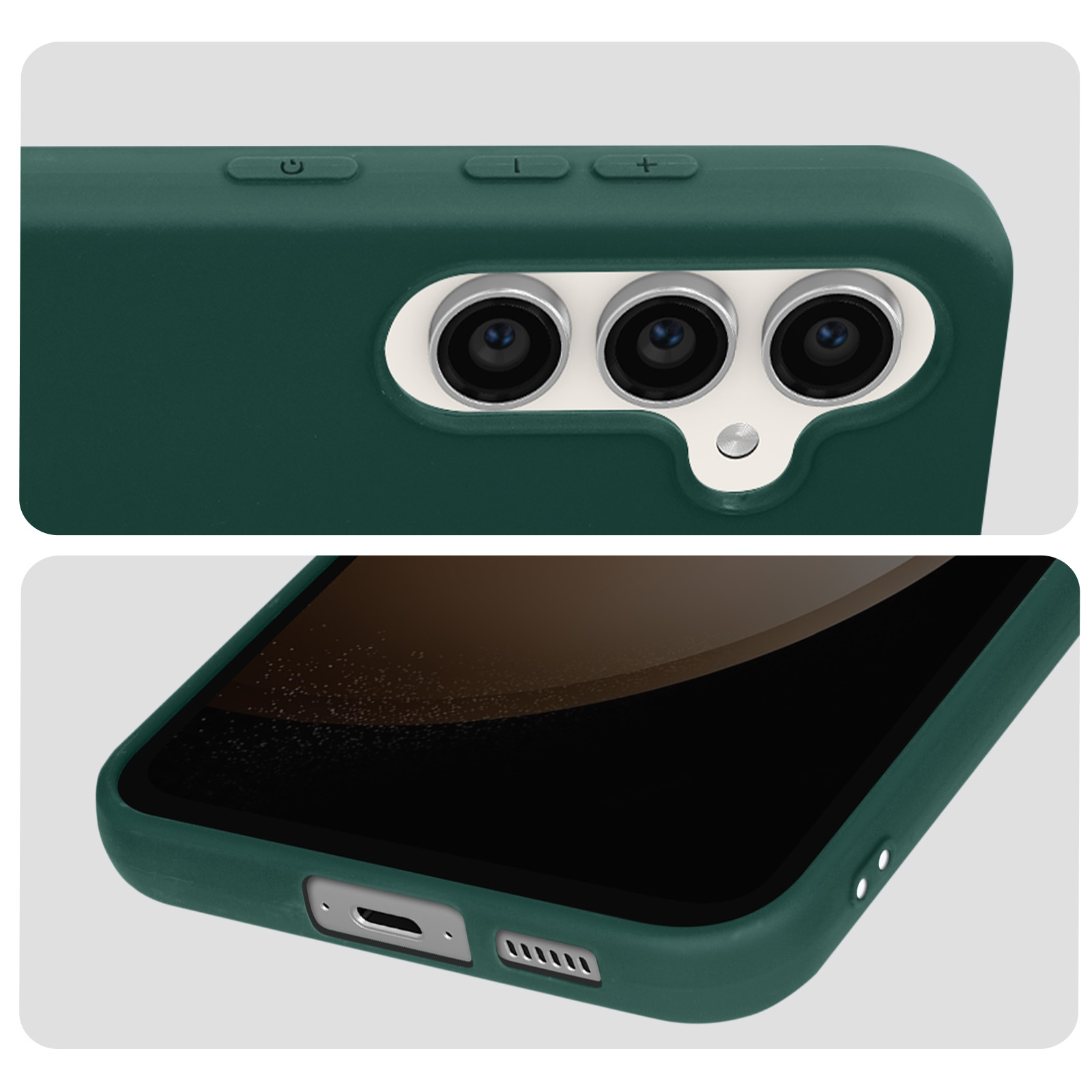 Due immagini ravvicinate di una custodia per telefono verde. I pulsanti e la fotocamera sono mostrati in dettaglio.