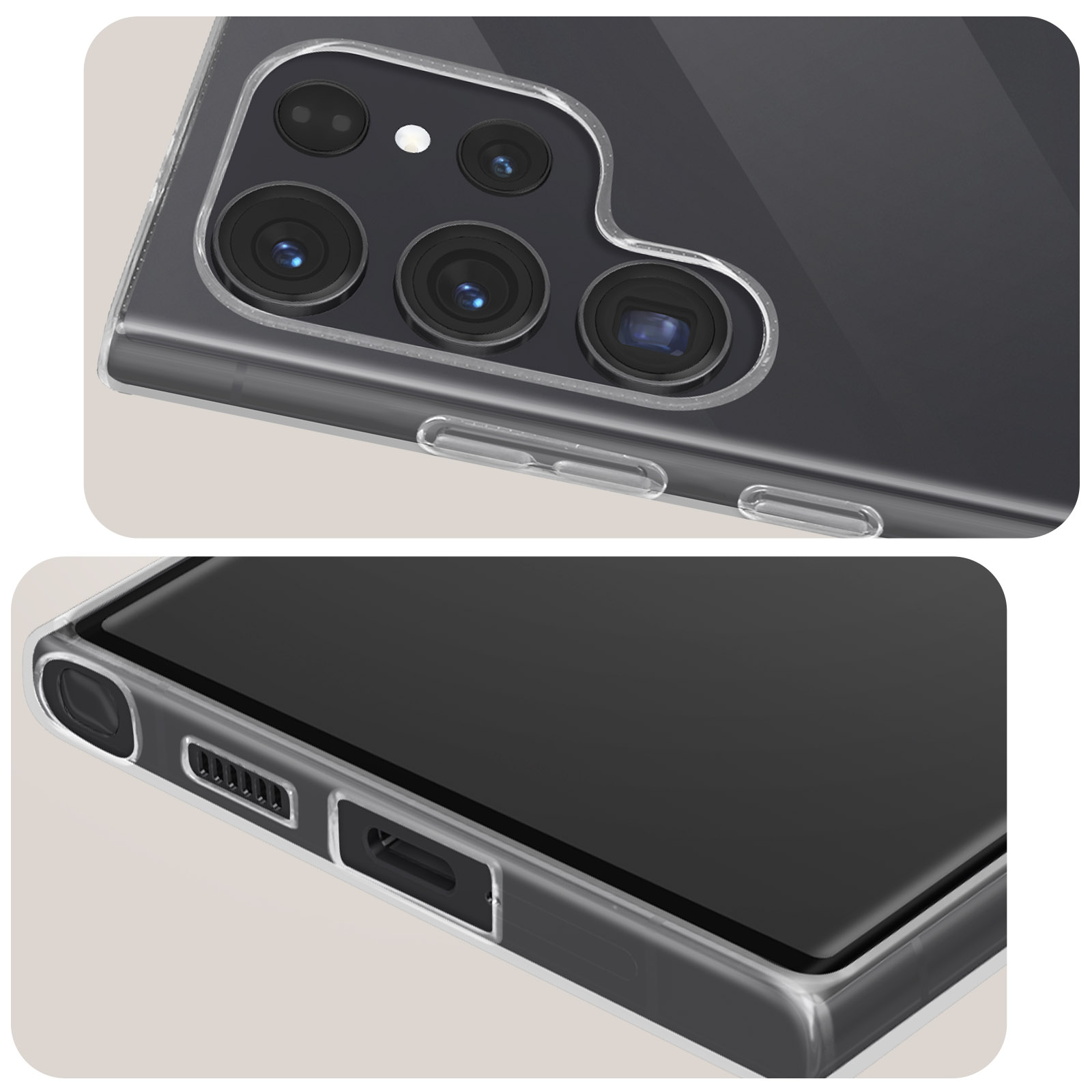 Primo piano di un telefono con custodia trasparente, mostra fotocamera e dettagli inferiori.